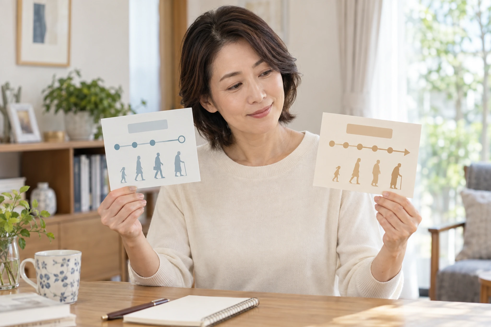 有期年金と終身年金の比較表を確認する女性