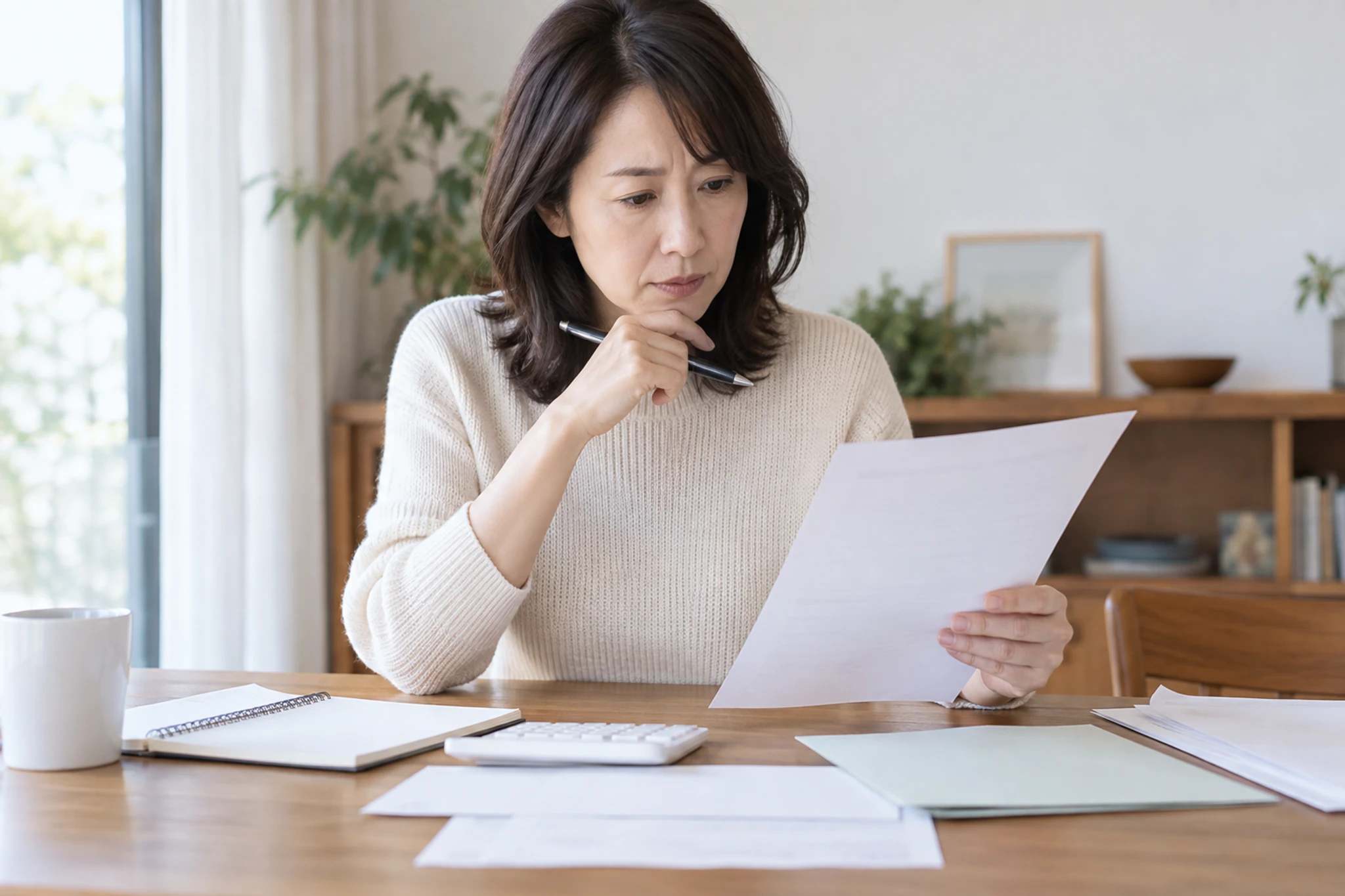 企業年金の税金に関する書類を確認する女性