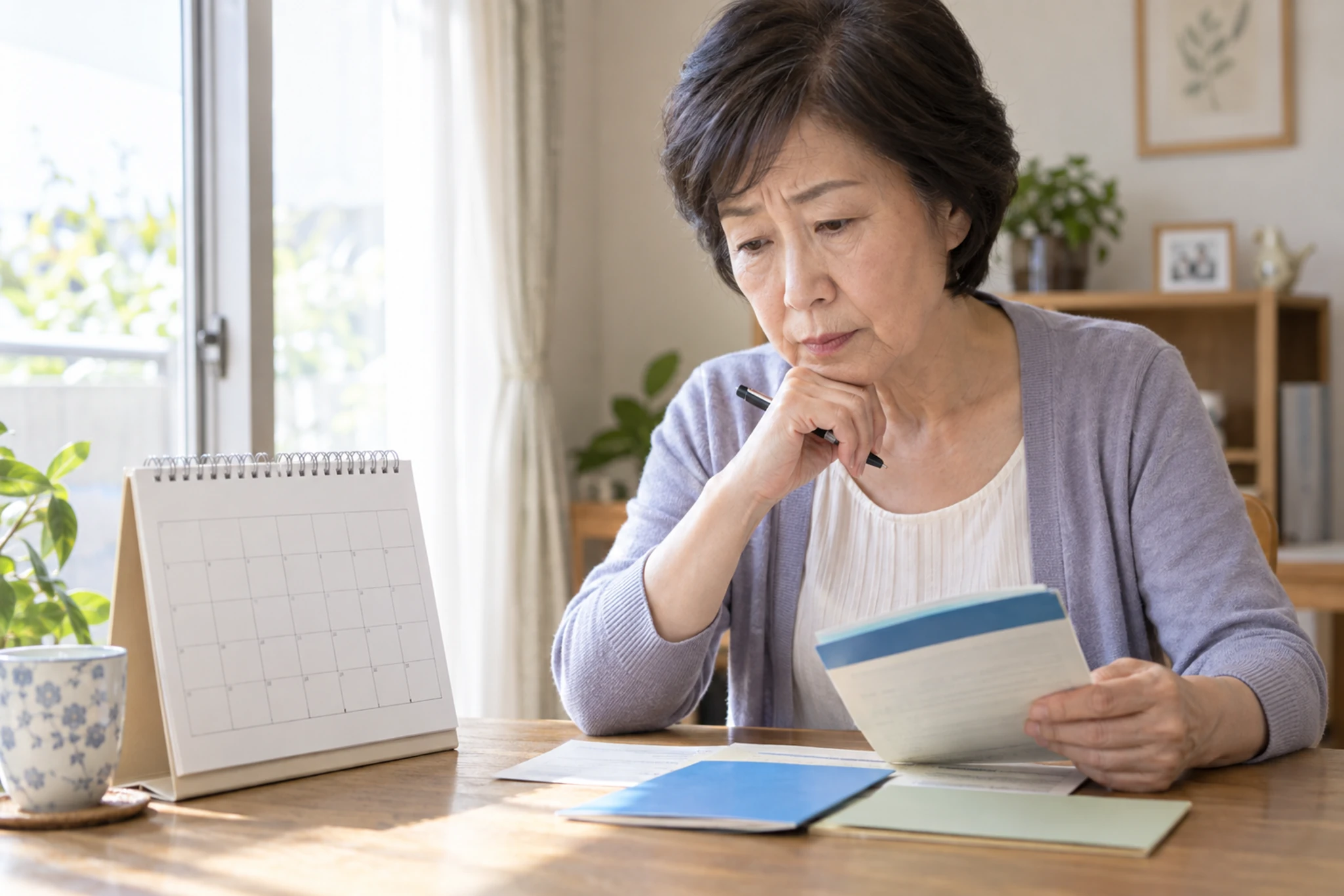 年金の通知とカレンダーを確認する60代の女性