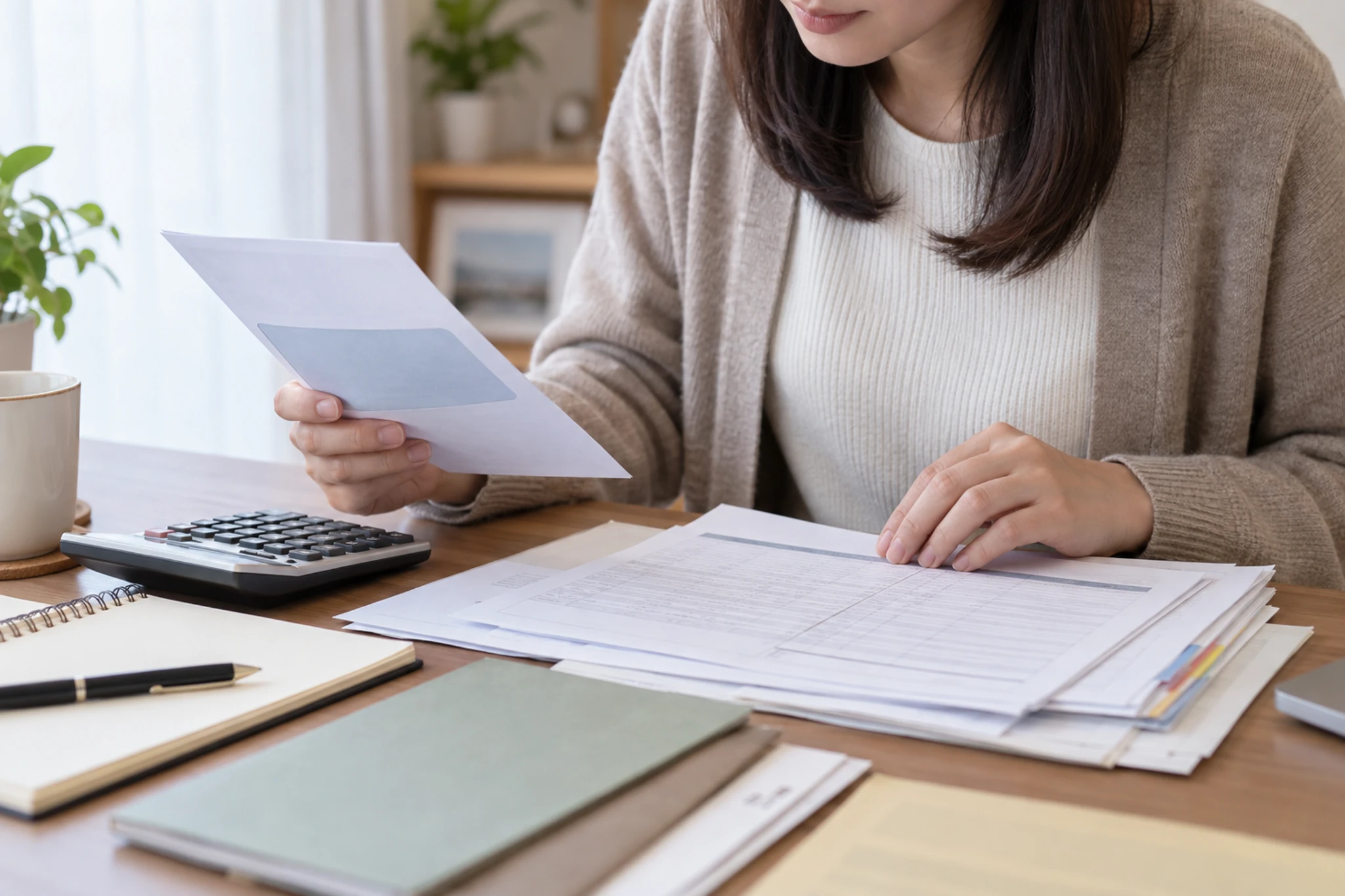 年金通知の書類を机の上で整理する手元