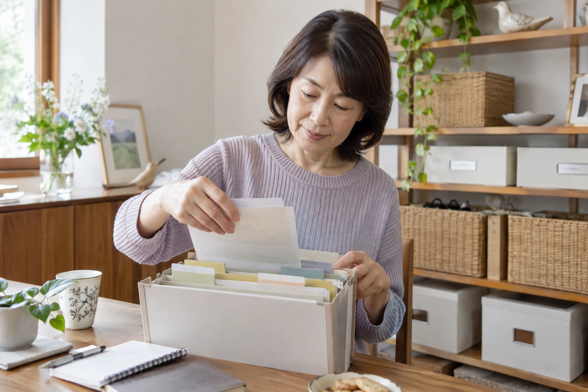 年金の書類をファイルに整理する女性