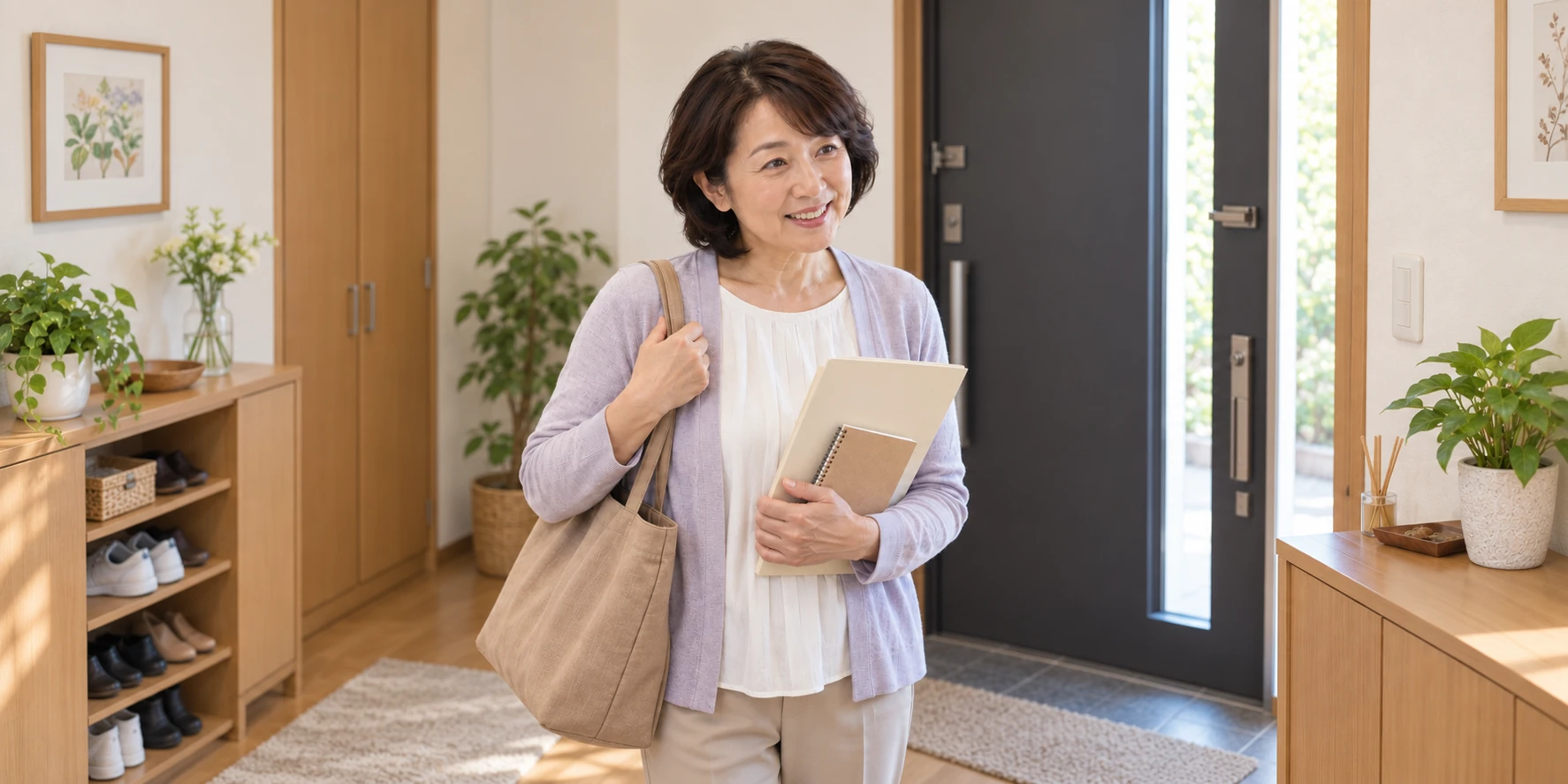 相談前の資料を手に玄関で準備する直美さんの編集イメージ