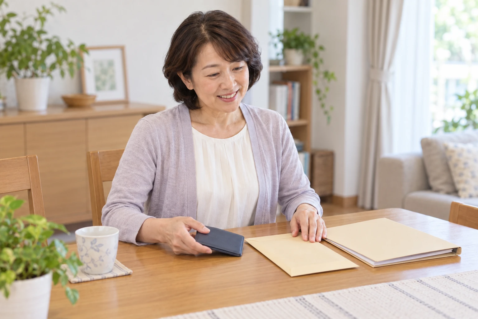 本人確認用のケースと年金関係の封筒をそろえる直美さんの編集イメージ