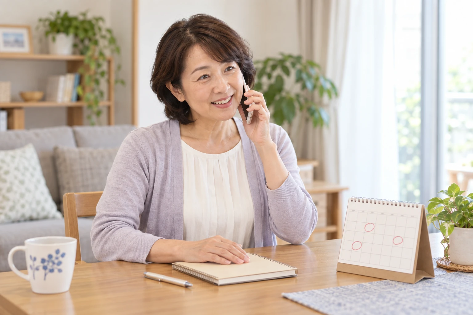 予定表を手元に置いて予約の電話に備える直美さんの編集イメージ