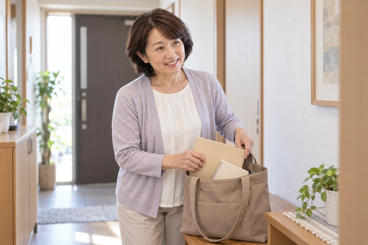 相談用のフォルダーとノートをバッグへ入れる直美さんの編集イメージ