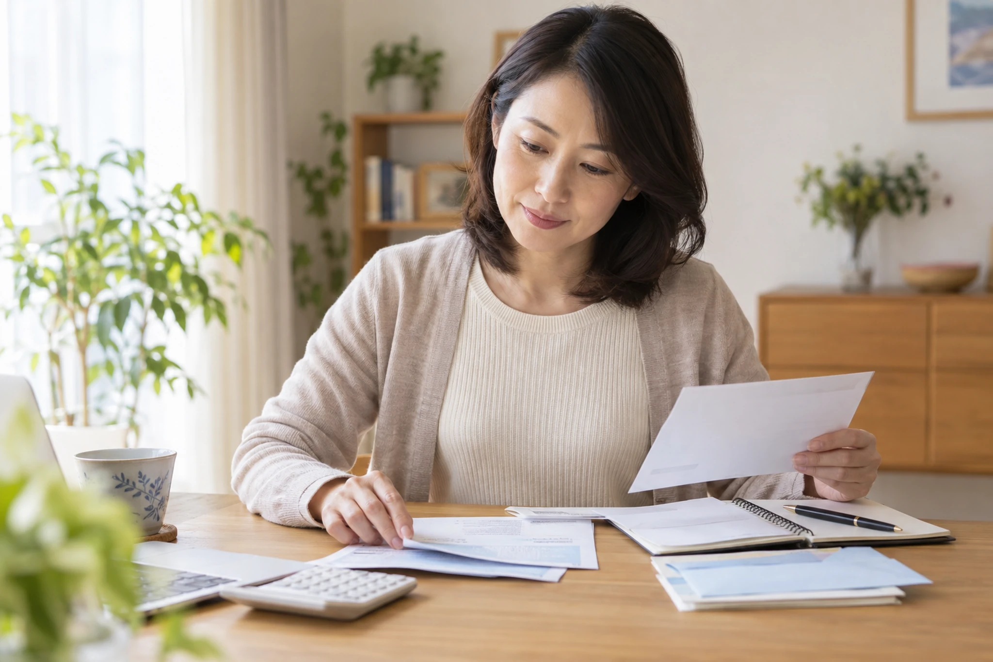 遺族年金を調べるため通知とメモを確認する日本人女性