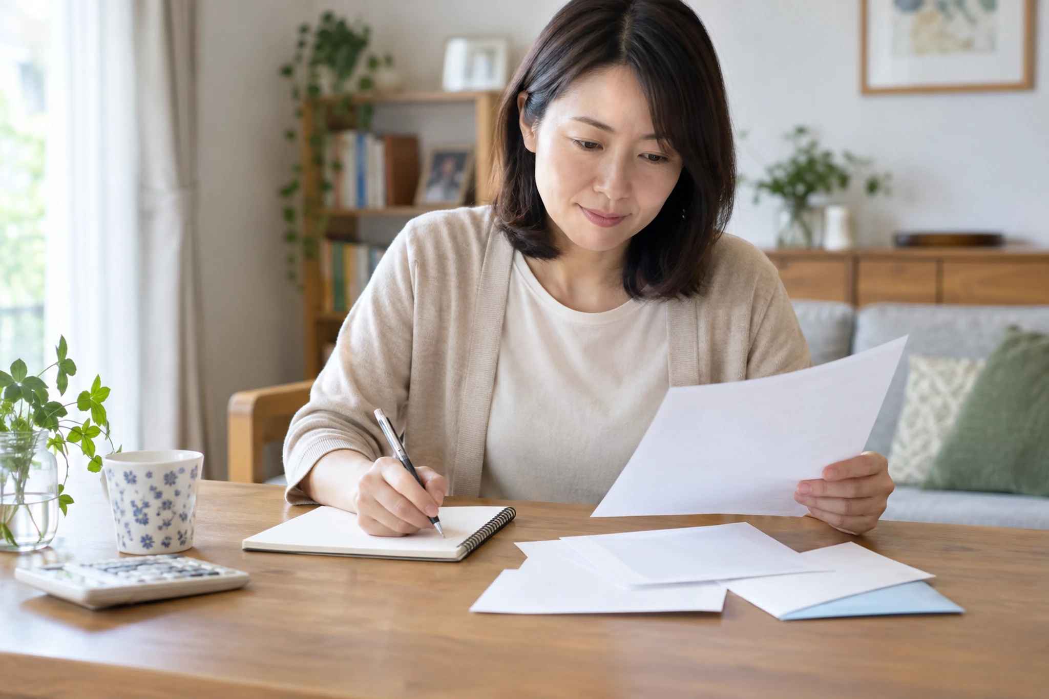 遺族年金を調べるため通知とメモを確認する日本人女性