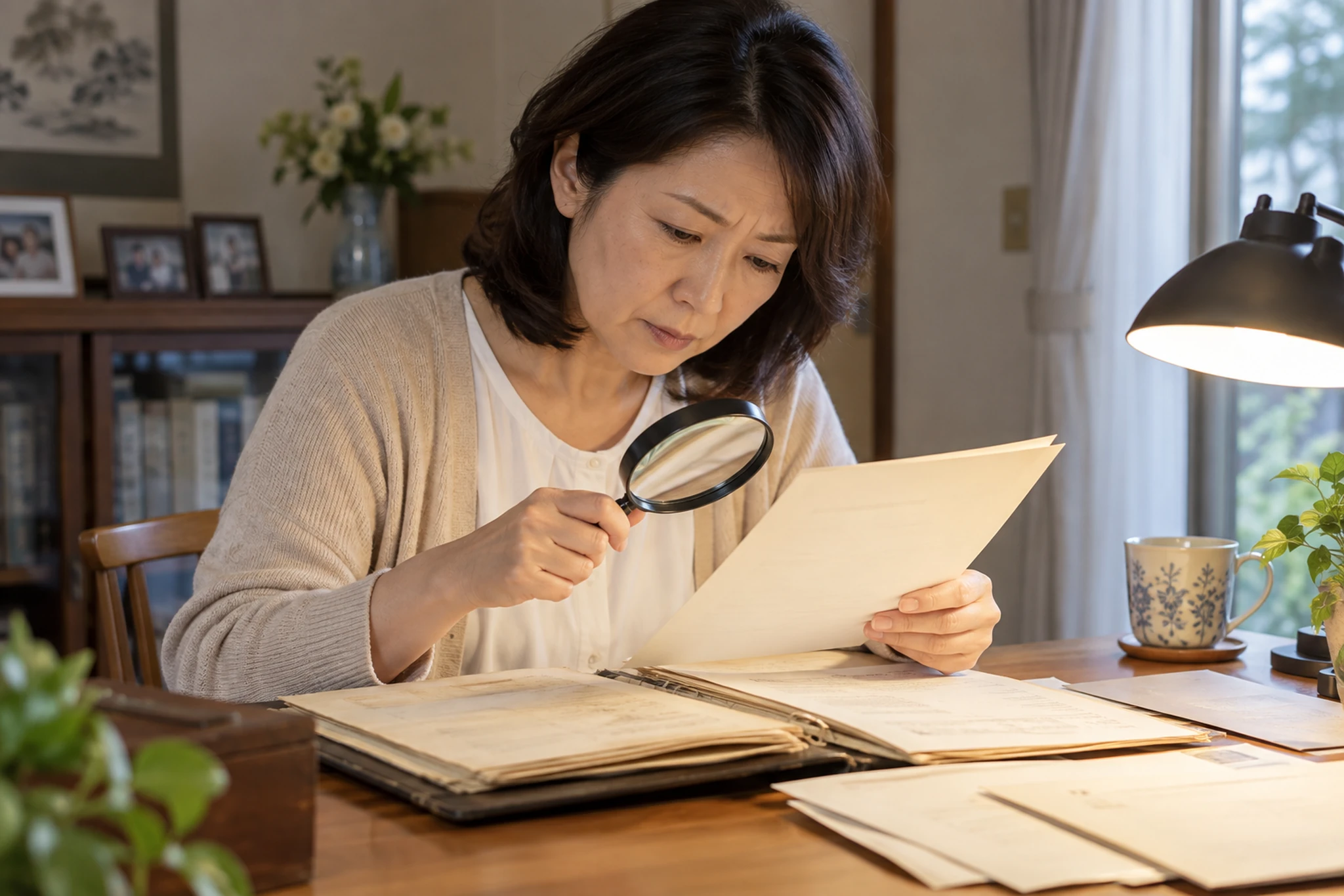 年金手帳や通知を並べて加入記録を確認する女性