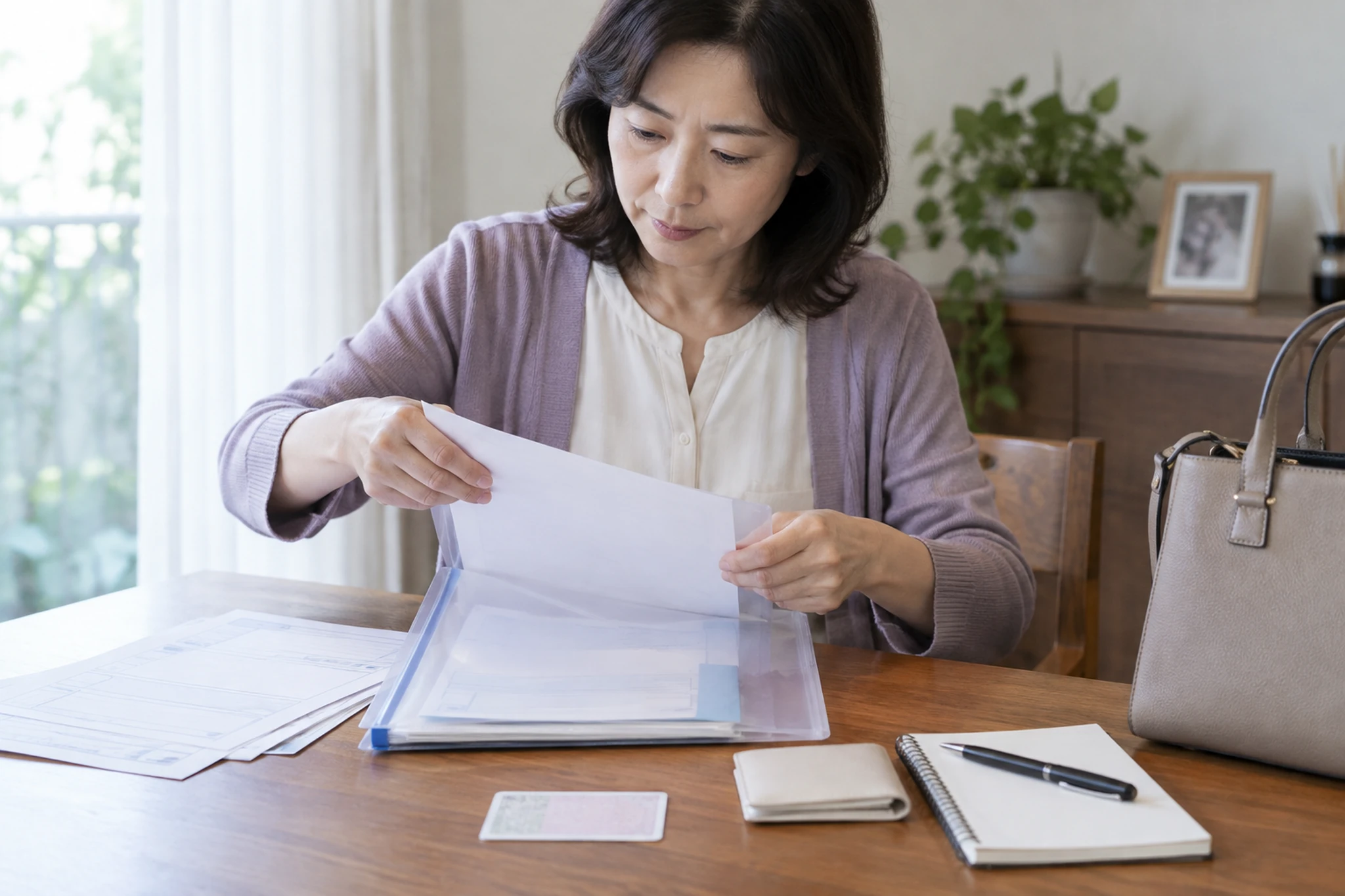 遺族年金の請求書類を窓口へ持参する準備をする女性