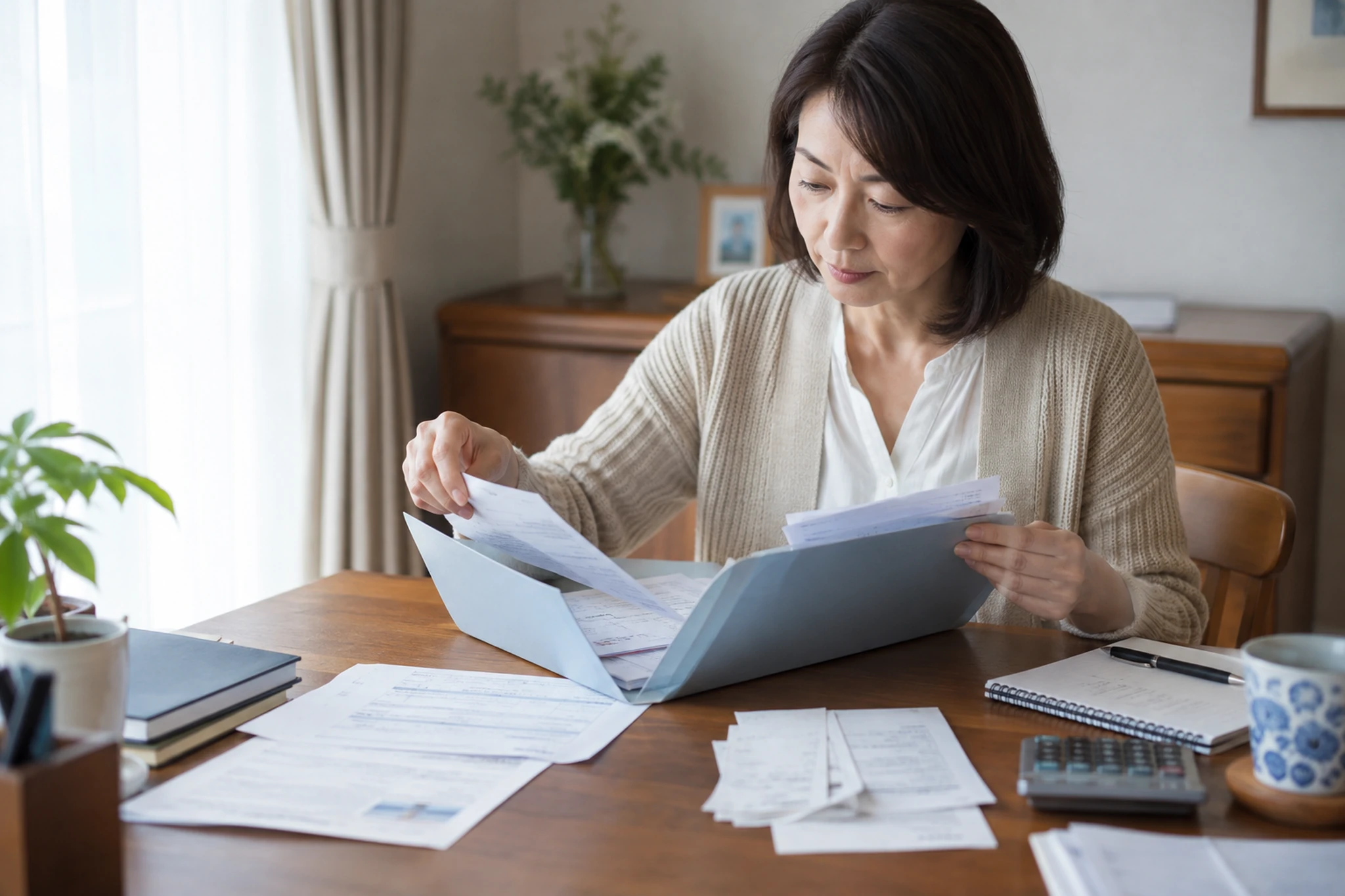 遺族年金の請求記録と通知をファイルへ保管する女性
