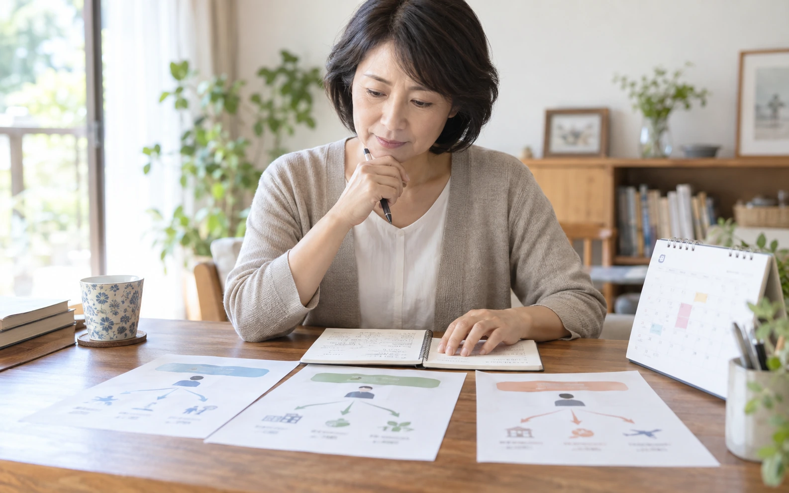 年金の受給開始時期を条件ごとに比較する女性