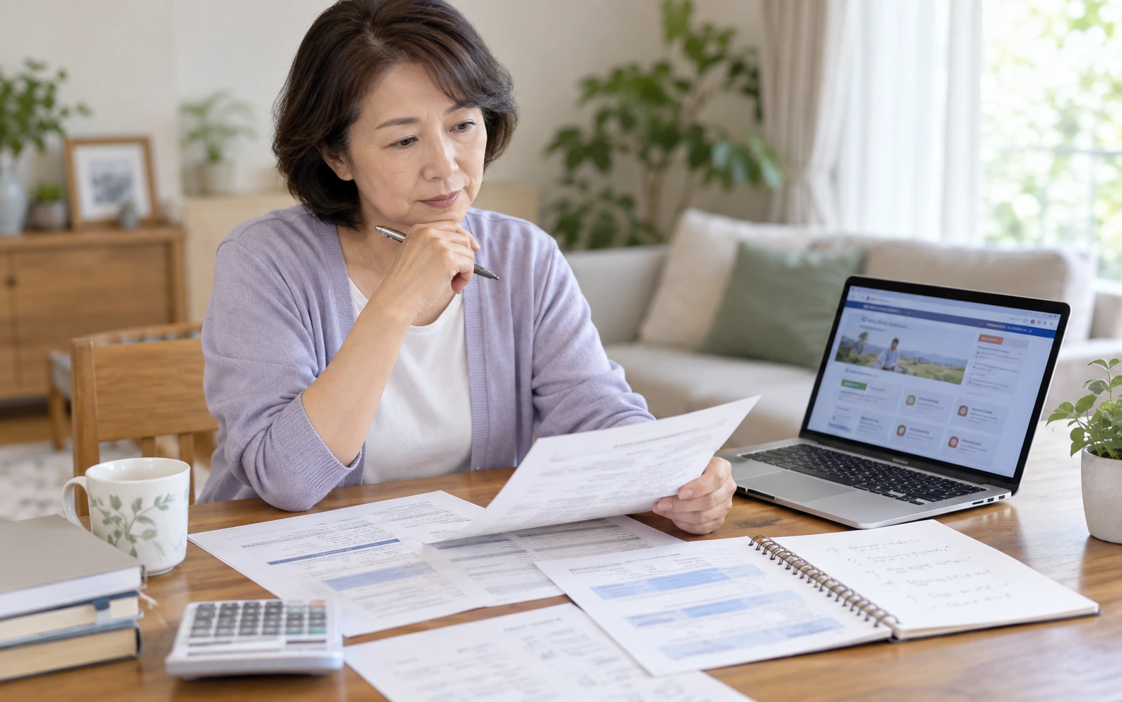 年金の受給開始時期を決める前に書類を最終確認する女性