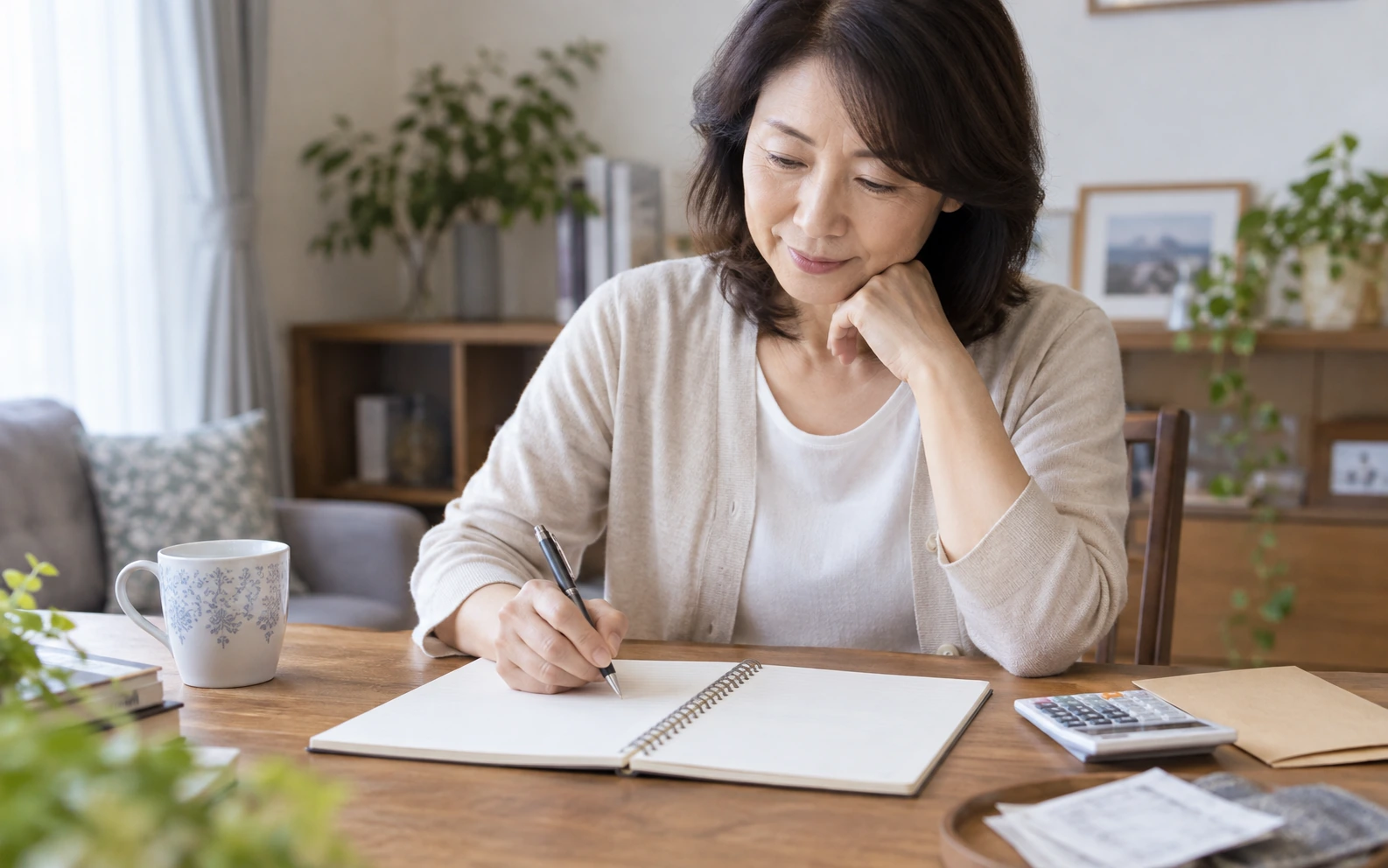 年金見込額と生活費をノートに整理する女性