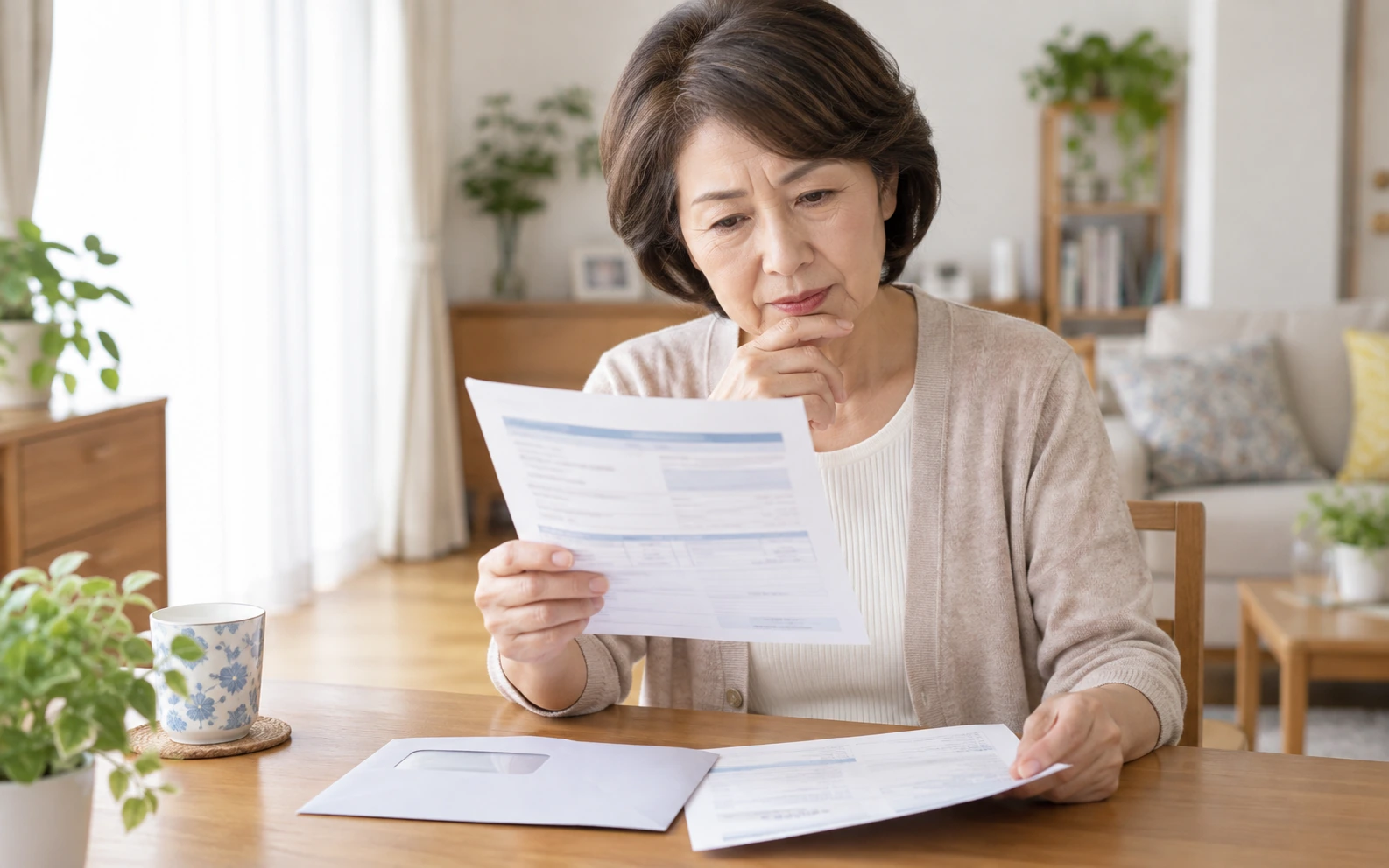 年金のお知らせを見ながら受給開始時期を考える女性