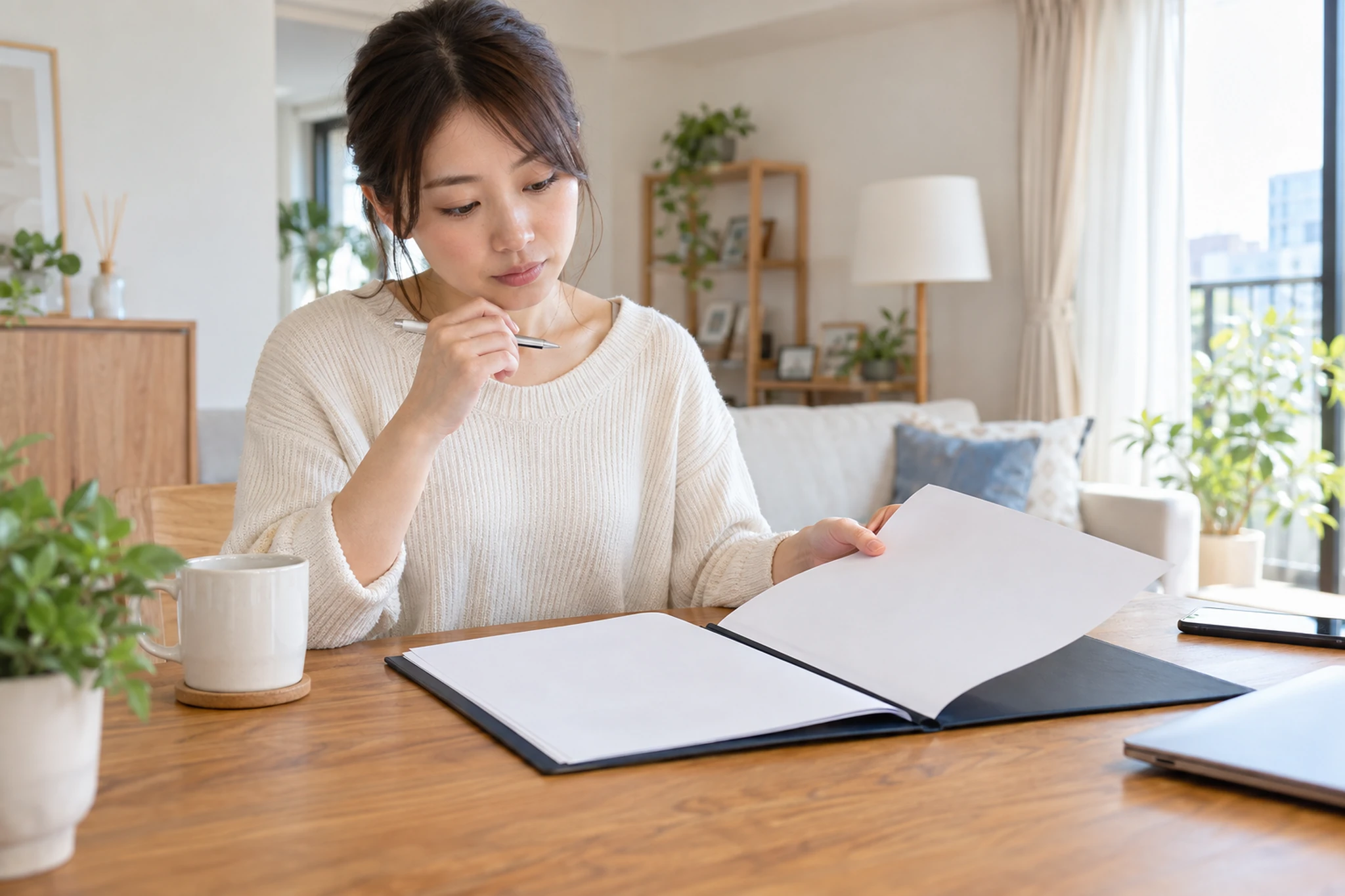 賃貸借契約書を確認する一人暮らしの女性