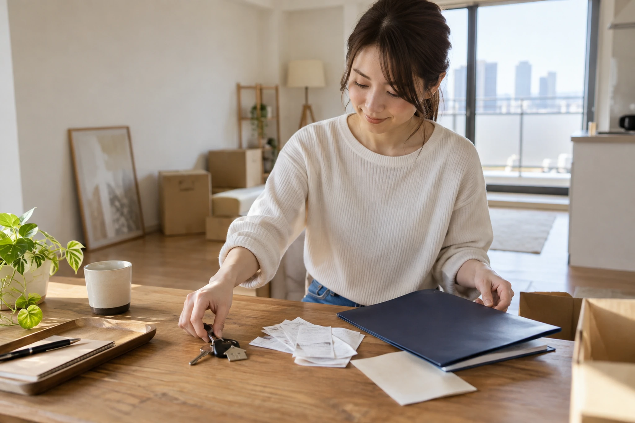 入居前の賃貸契約書と鍵を整理する女性