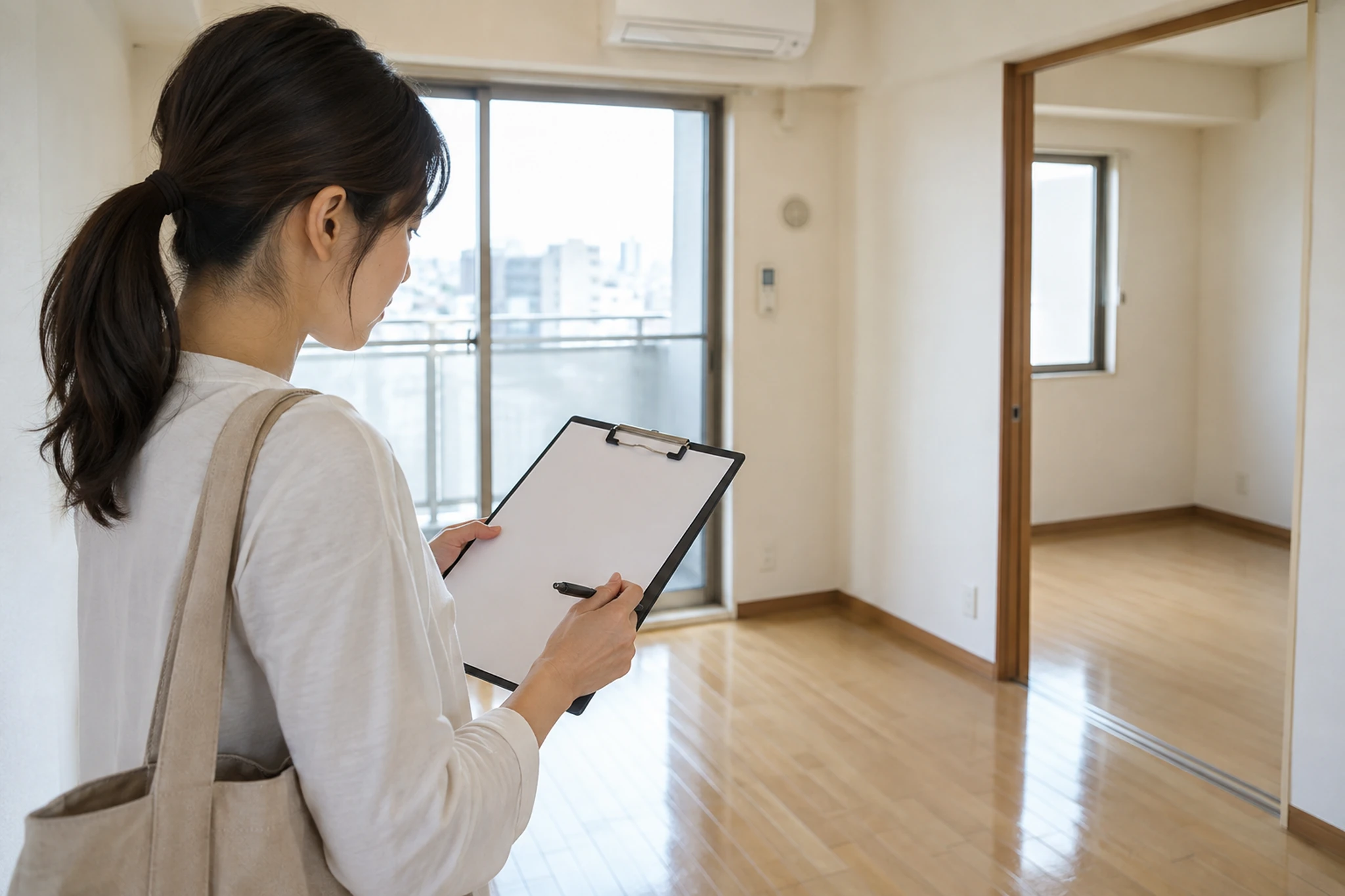 賃貸住宅の設備と鍵を確認する女性