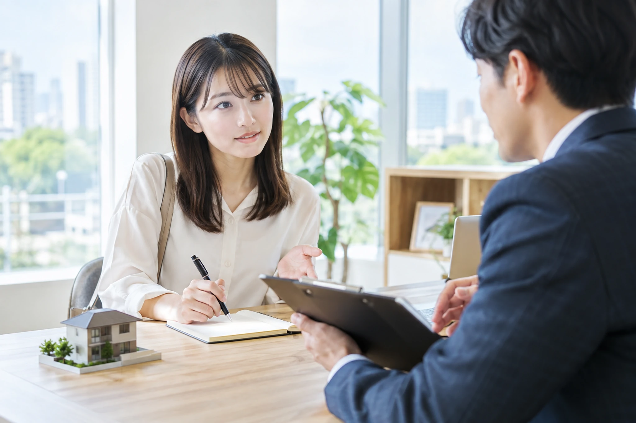 賃貸借契約前に質問をメモする女性