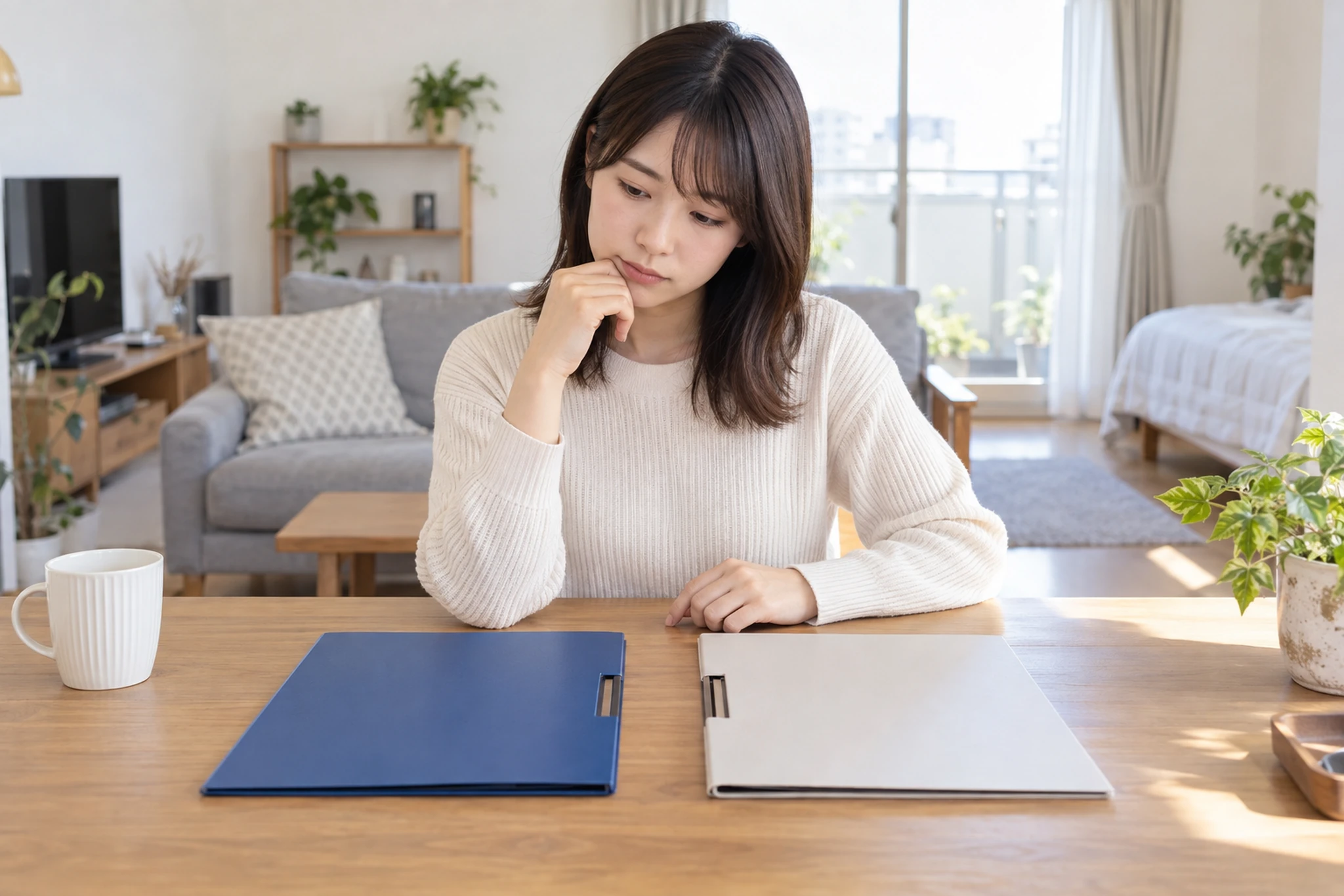 家賃保証会社と連帯保証人の契約を比べる女性