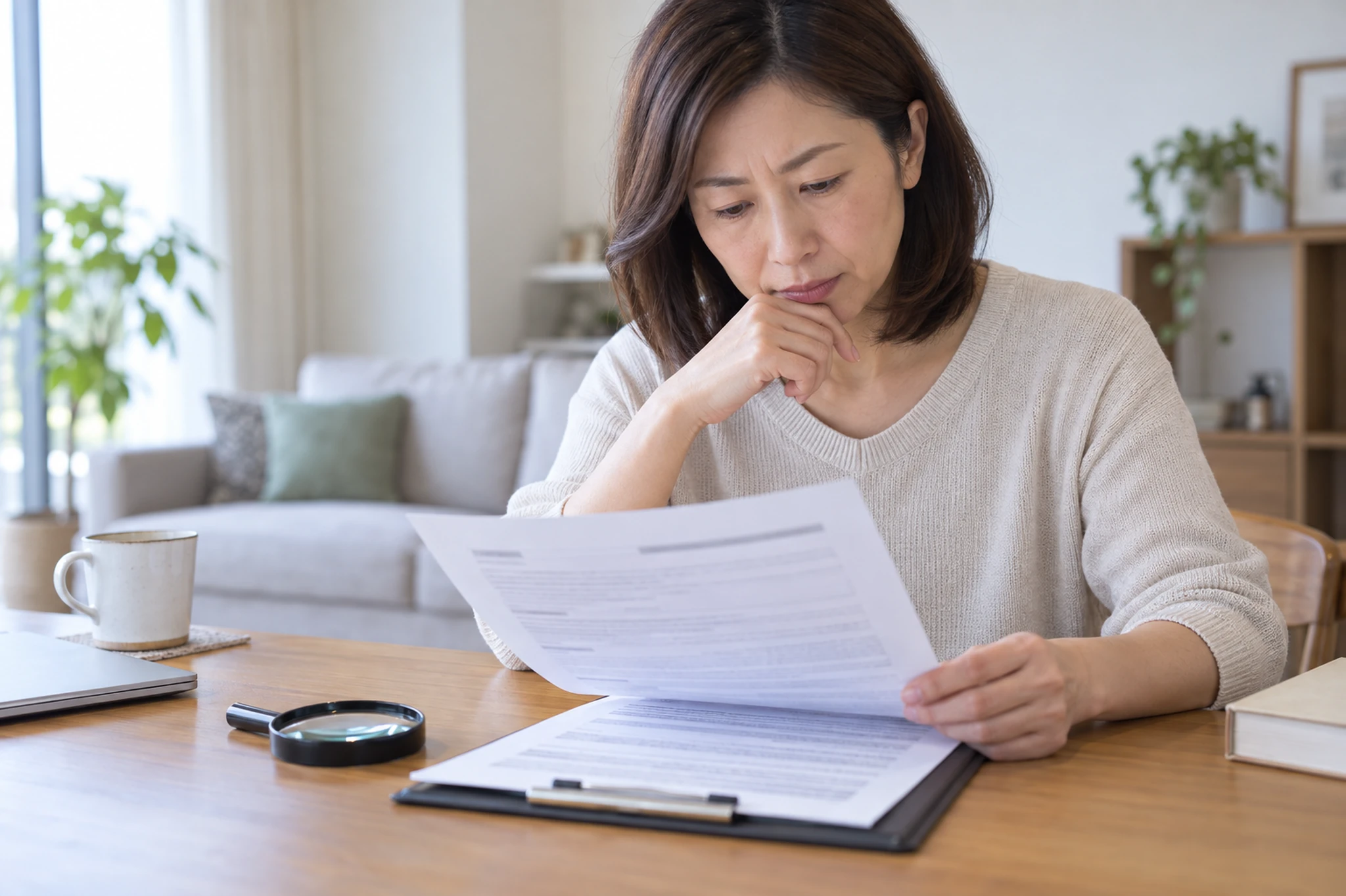 保証される費用と対象外の条件を契約書で確認する女性