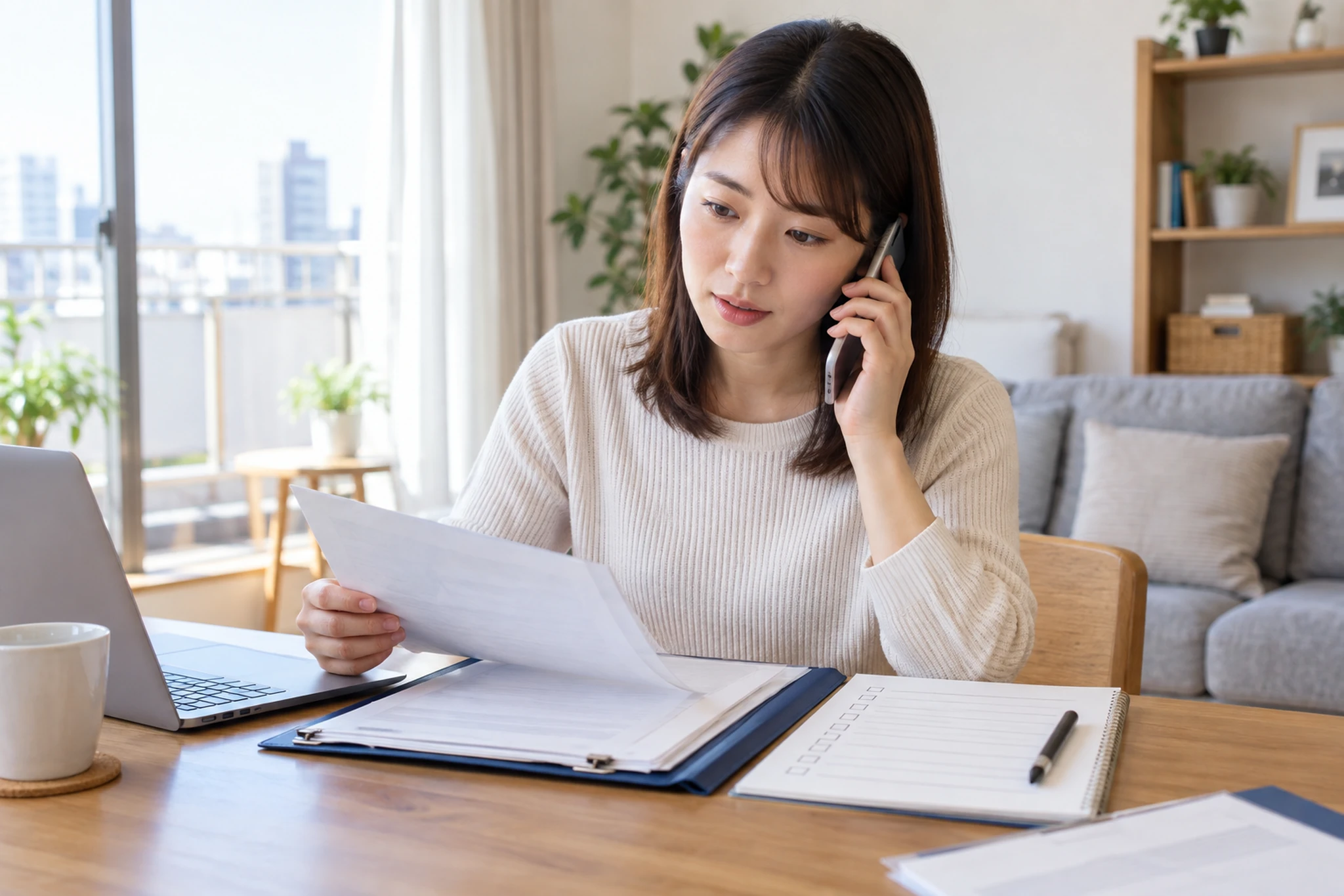 賃貸契約の不明点を電話で確認する女性