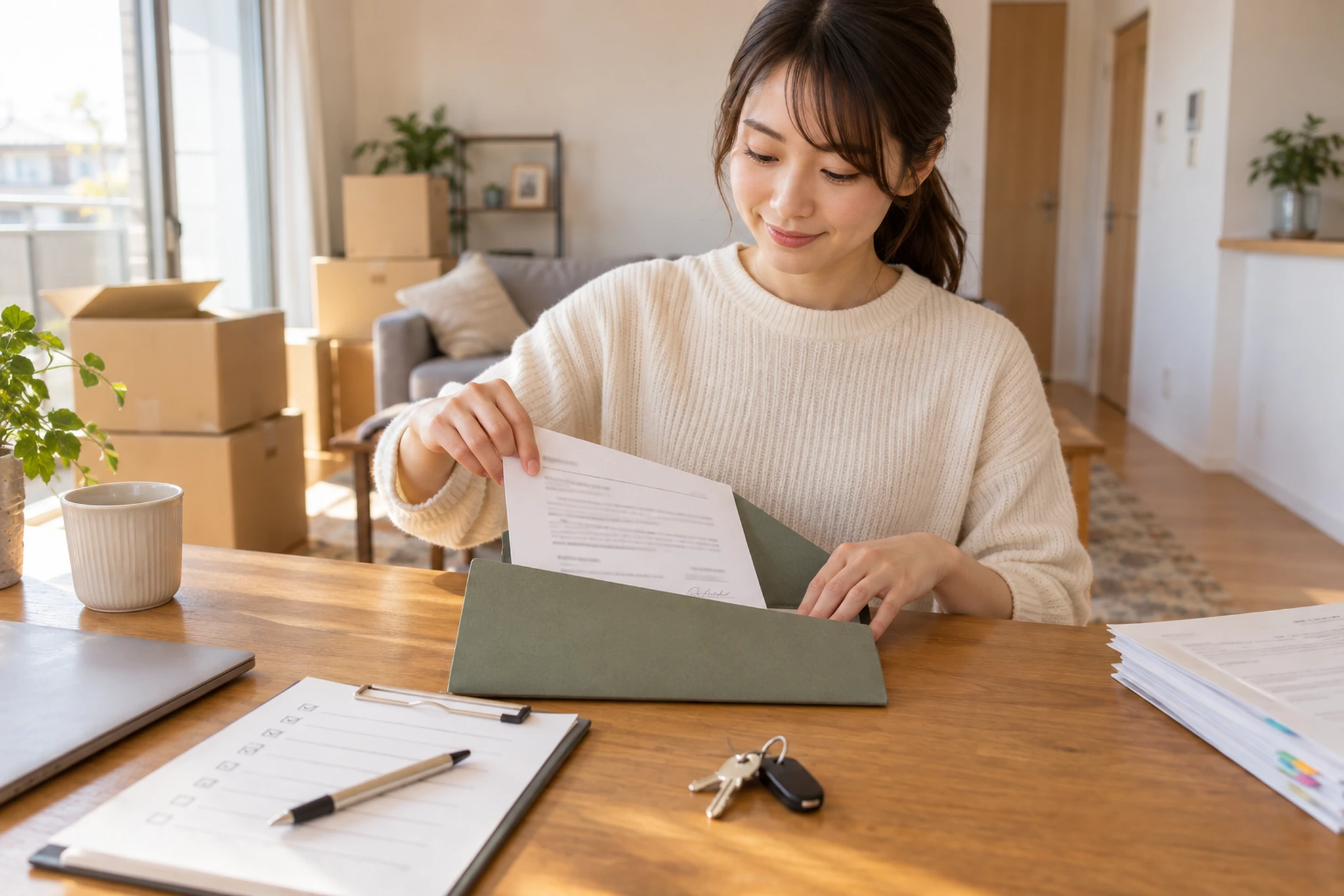賃貸契約書と費用表をフォルダーにまとめる女性