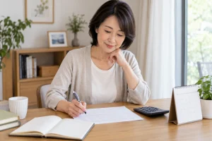 老後資金を家計表で確認する50代女性