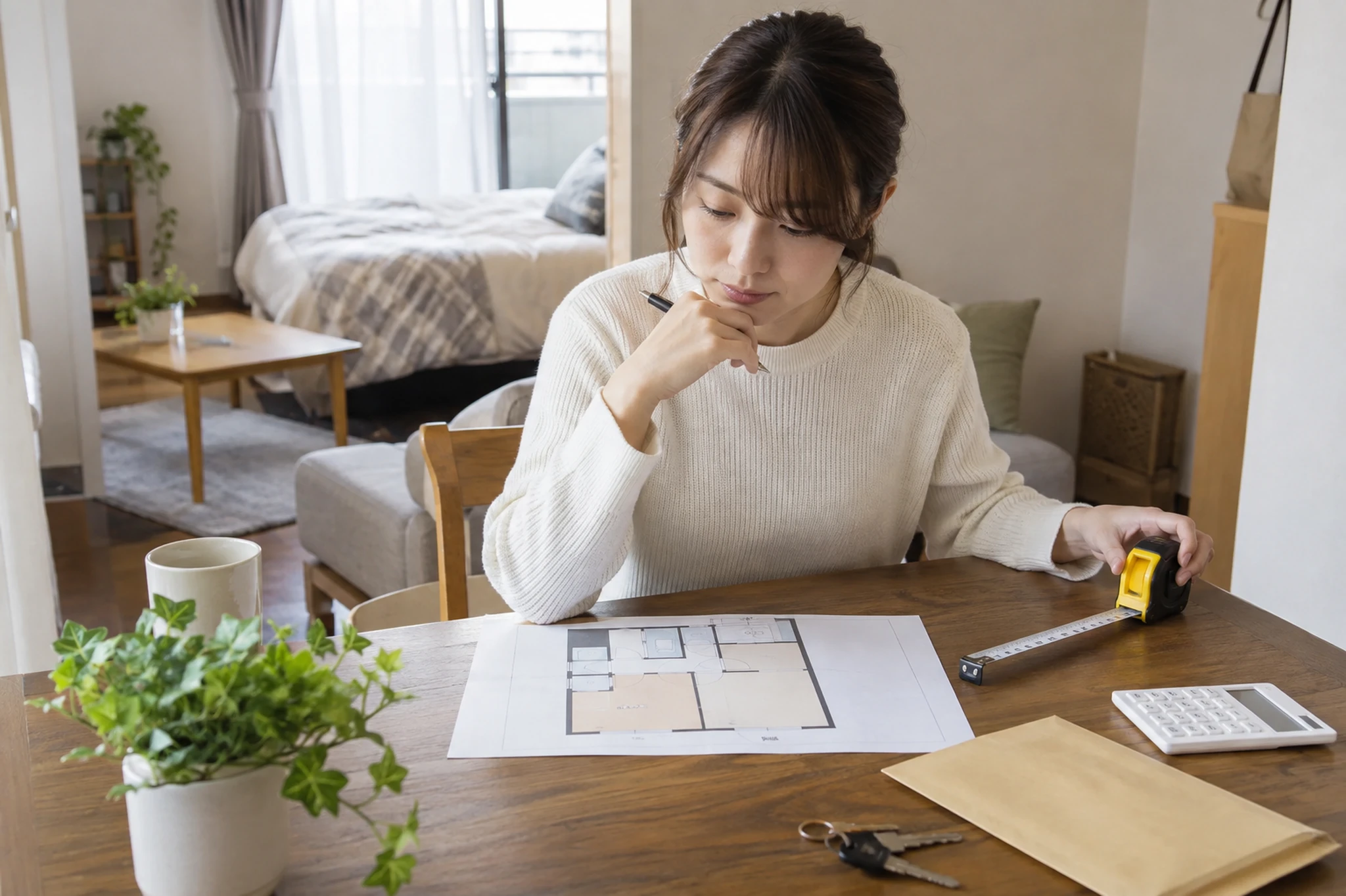 住まいの費用と間取りを整理する女性