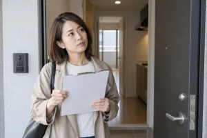 賃貸の内見前にチェックリストを持って部屋を確認する女性