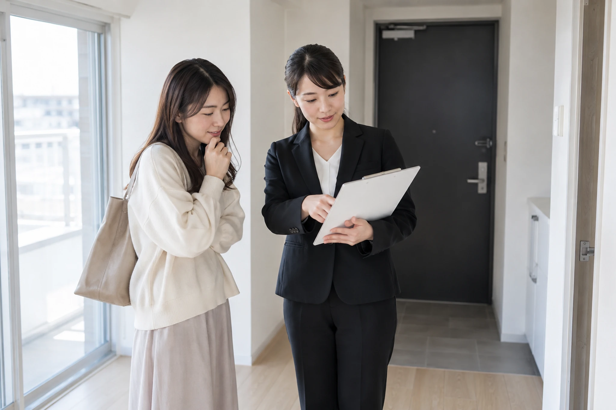 空室の入口で借り手と不動産会社の担当者が確認事項を話している様子