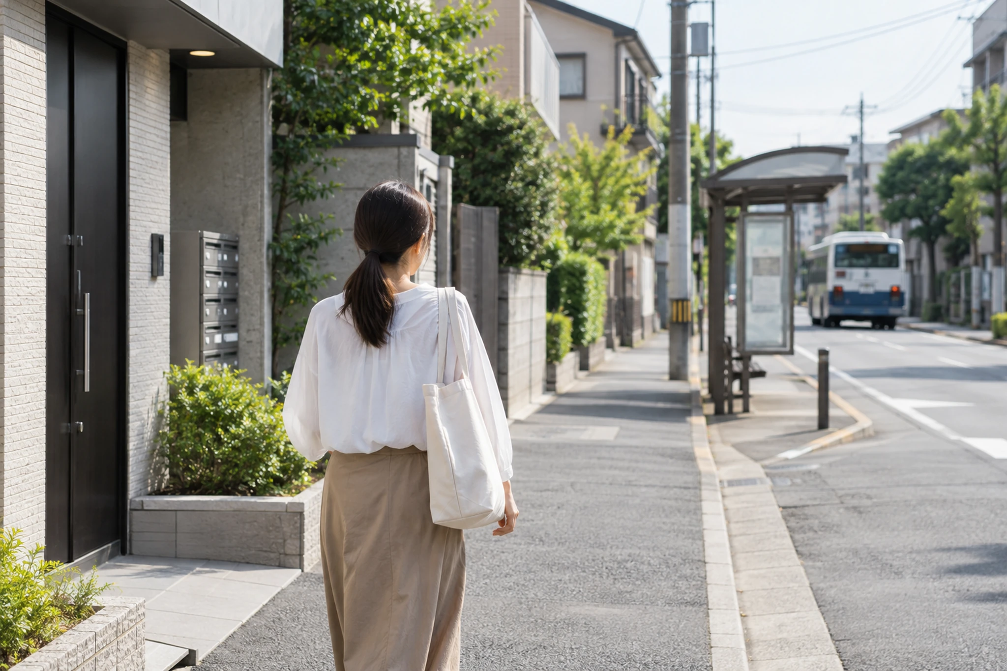 借り手が住宅から周辺の道路と交通機関までの道を歩いて確認している様子