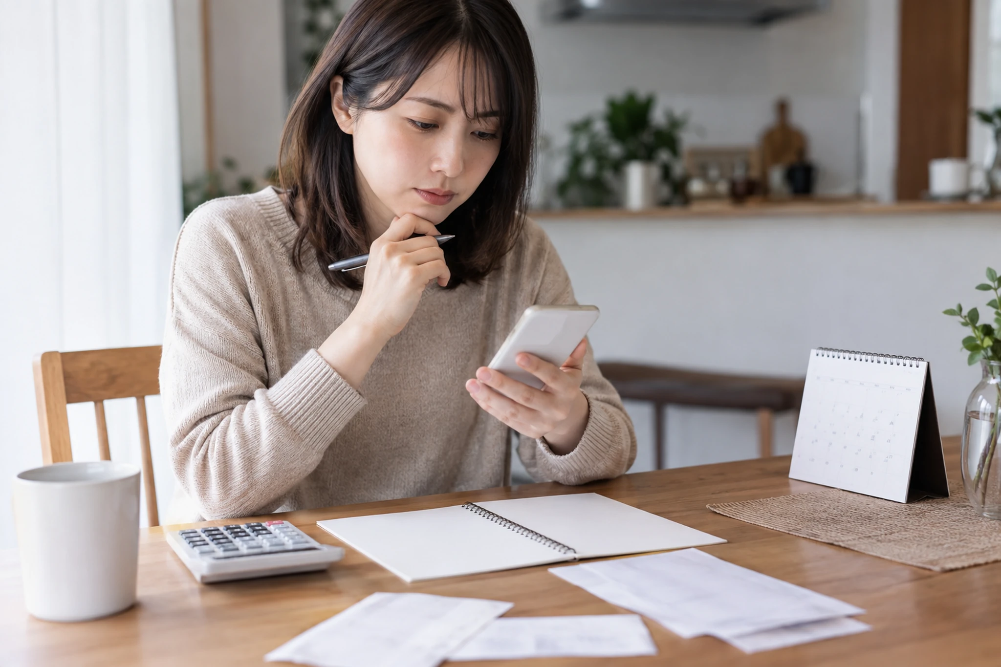 スマートフォンとノートを前に家計簿アプリの利用条件を考える女性