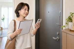 一人暮らしの玄関と防犯チェックリストを確認する女性