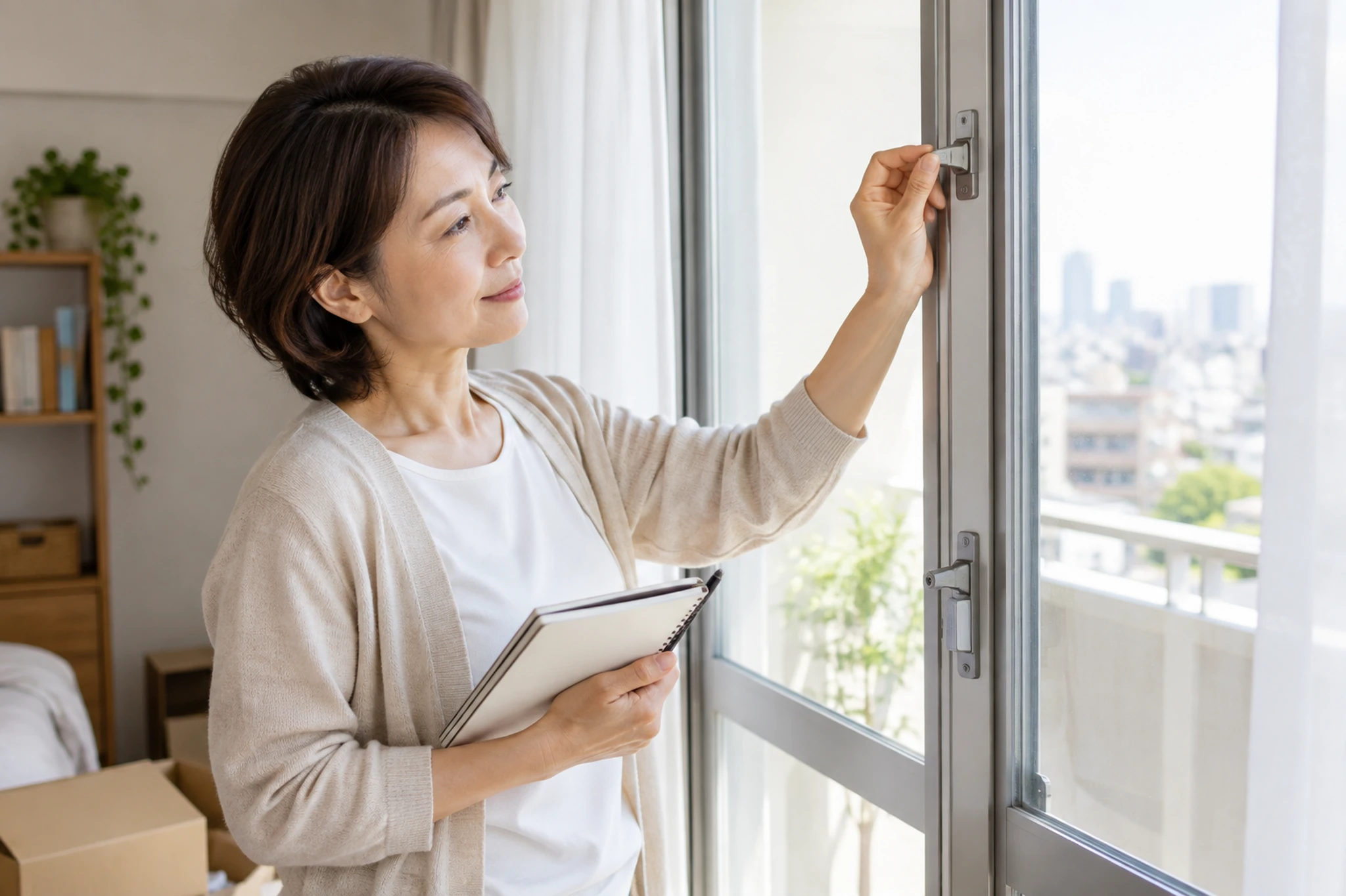 一人暮らしの窓の鍵を確認する女性