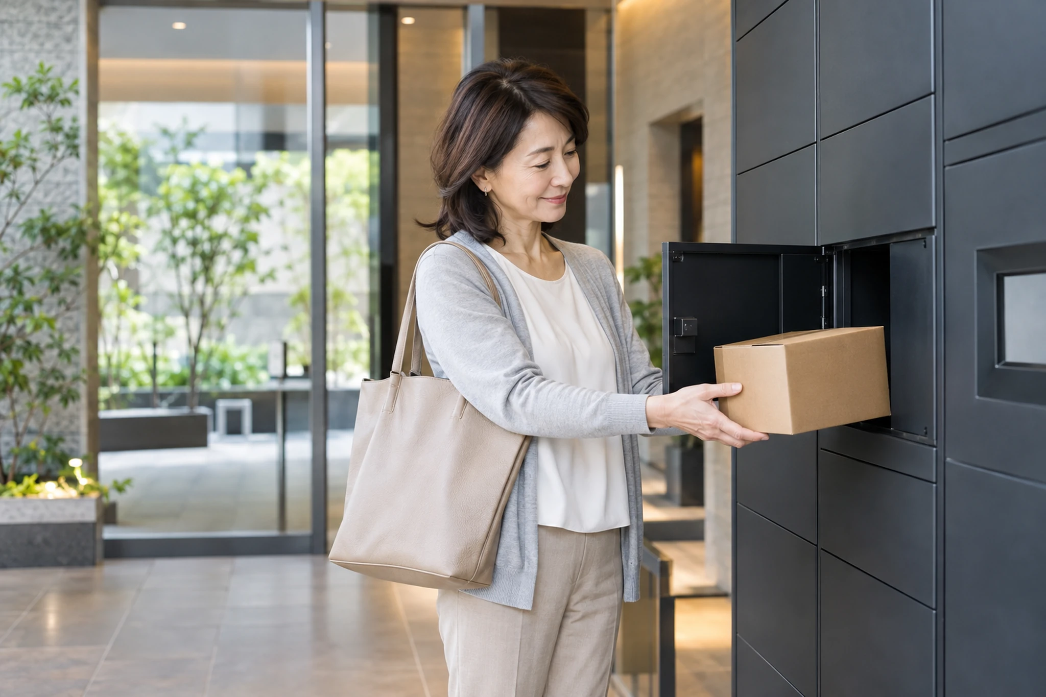 宅配ボックスで荷物を受け取る女性