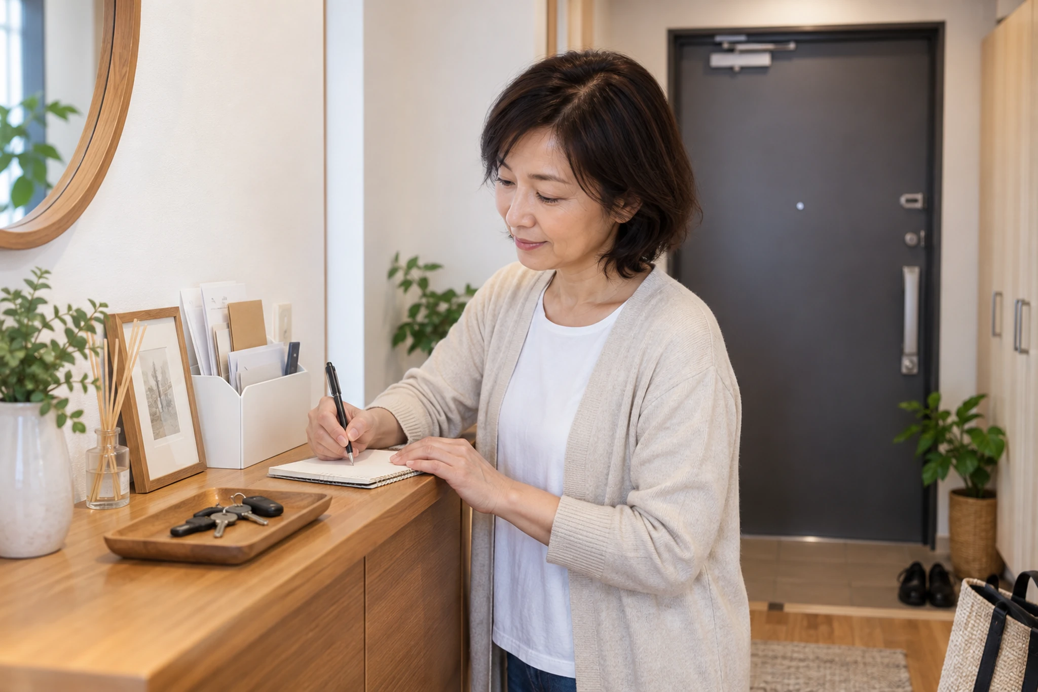 玄関周りの鍵と郵便物を整理する女性