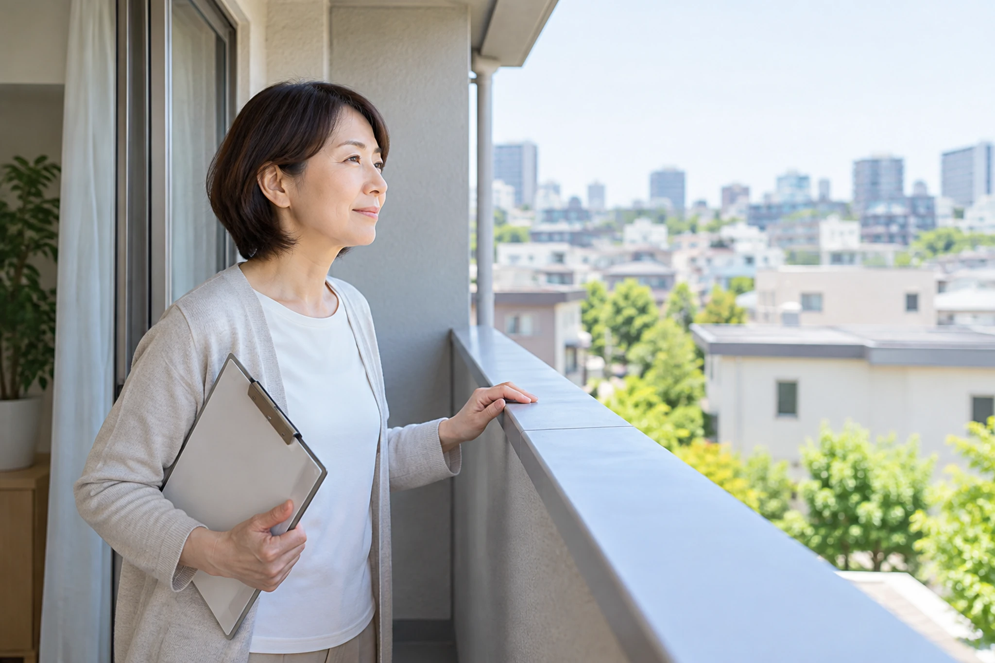 ベランダ周りの見通しと安全を確認する女性