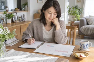 生理前後の体調と予定をカレンダーで確認する女性