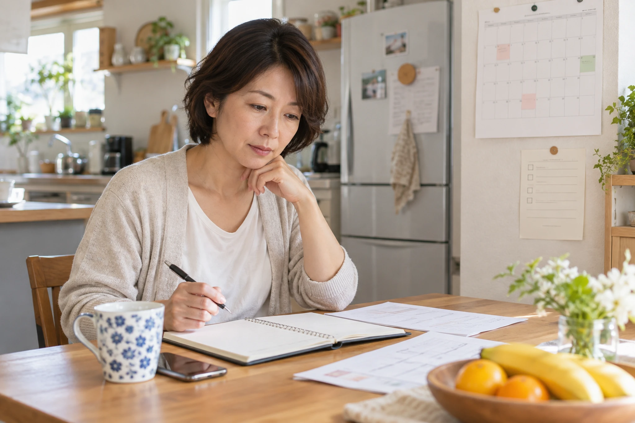 生理前後の体調と予定をカレンダーで確認する女性