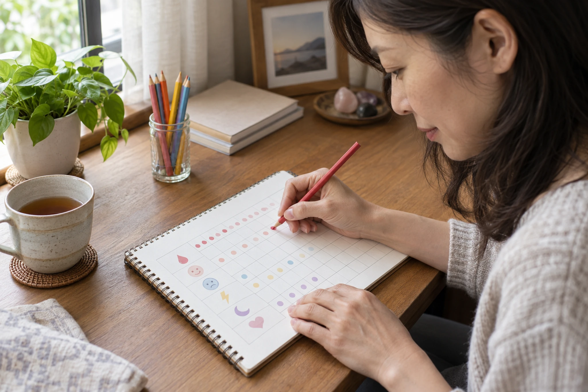 月経周期と体調の変化をノートに記録する手元