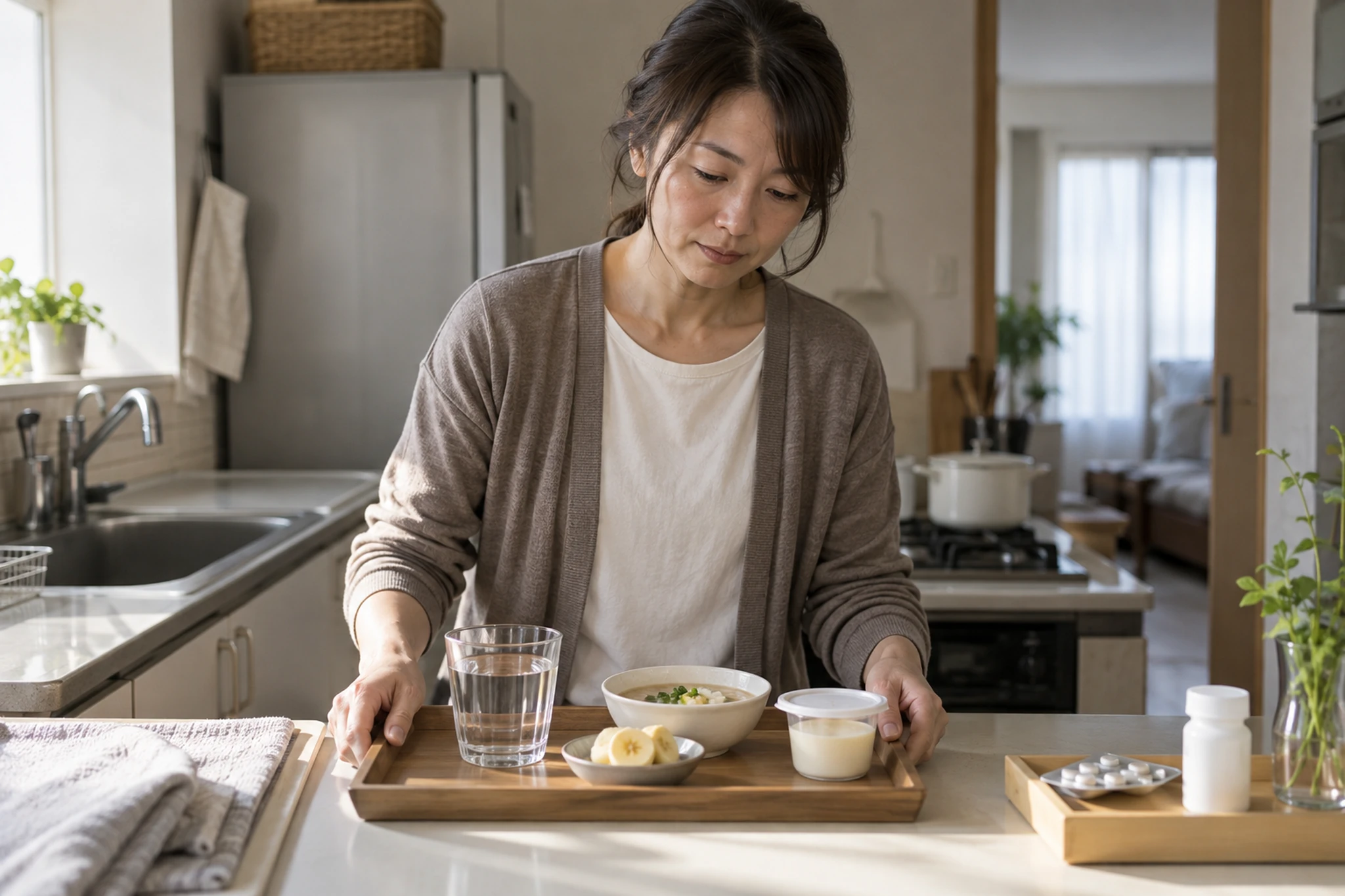 体調が悪い日に水分と簡単な食事をトレーに用意する女性