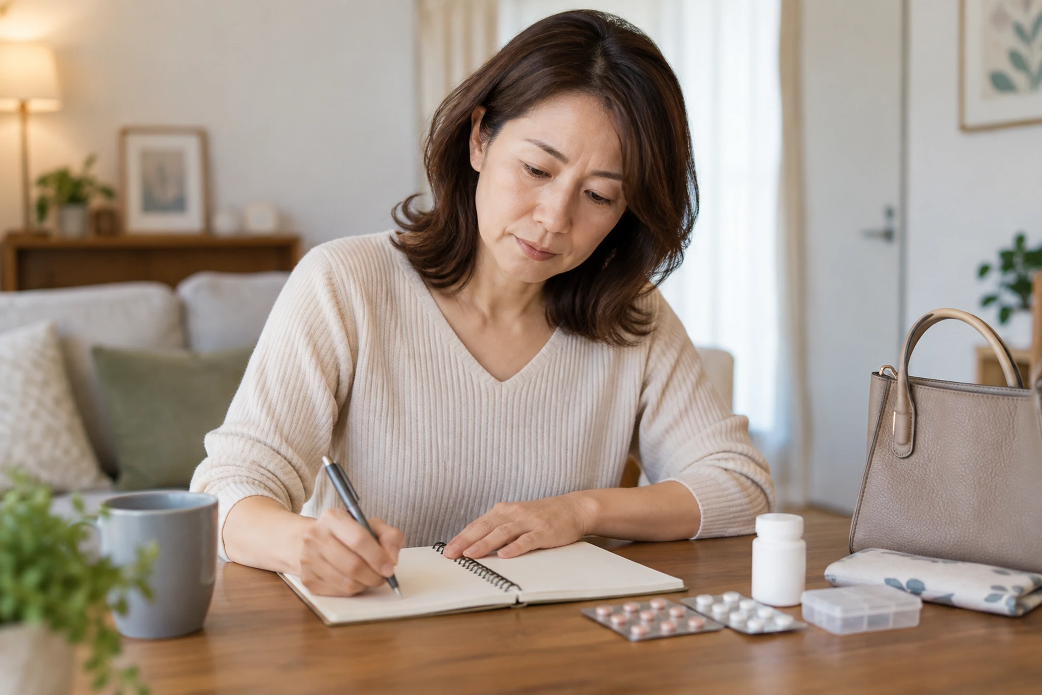 婦人科へ相談する症状と服薬をノートに整理する女性