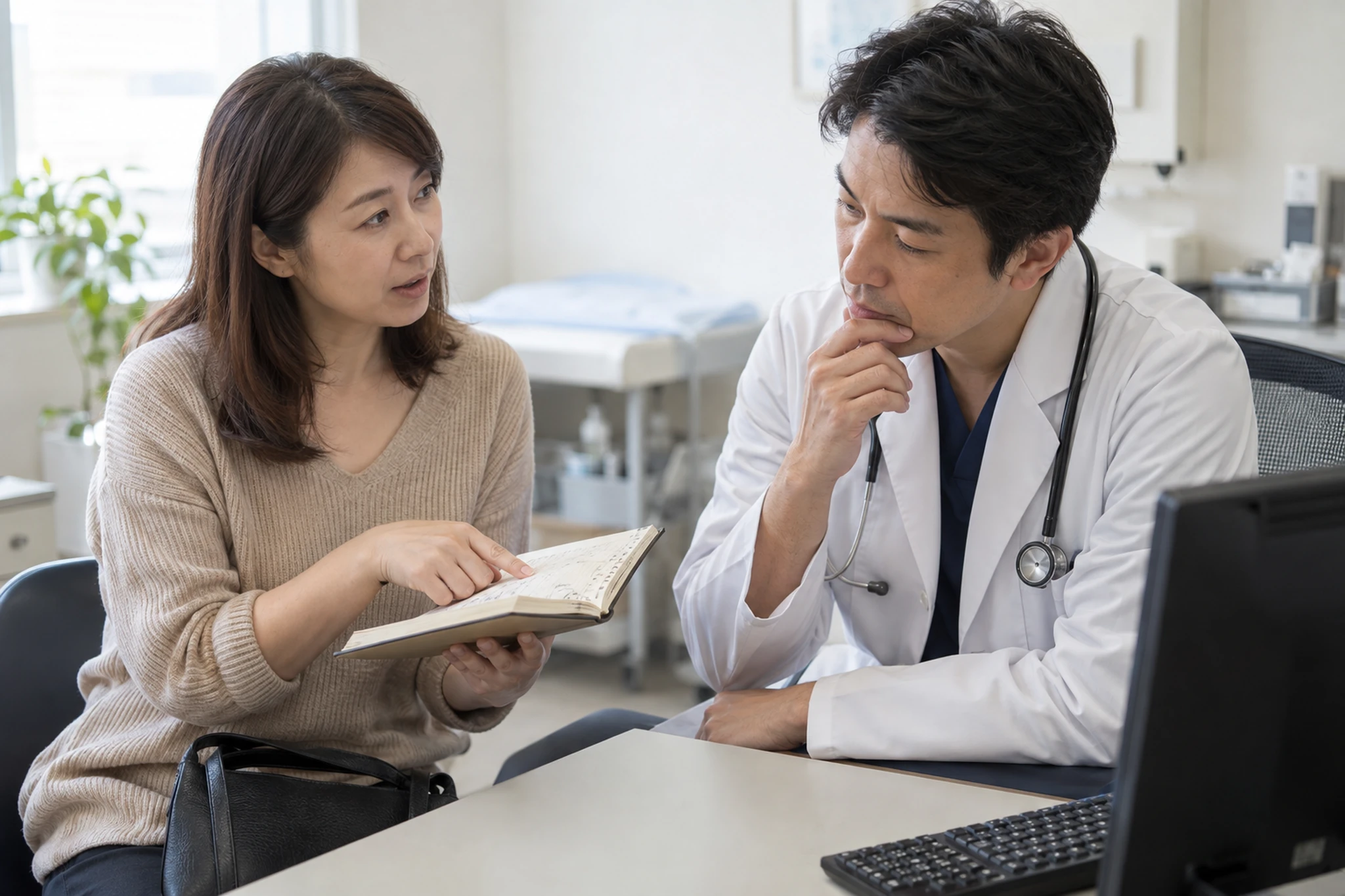 婦人科で体調記録を見せて相談する女性