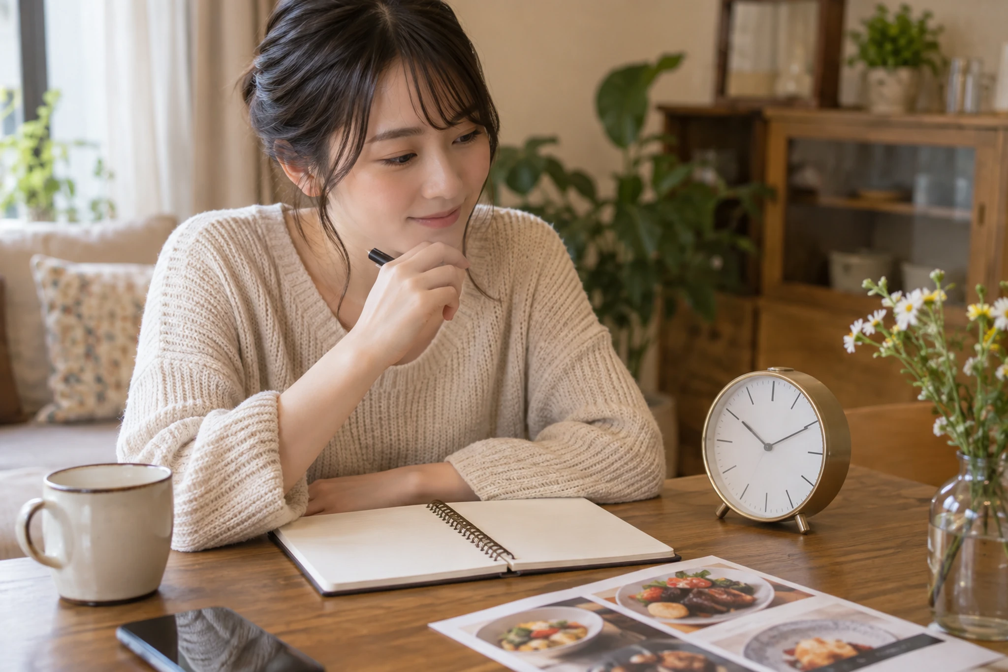 玄関に水とスマートフォンと連絡メモを用意する女性