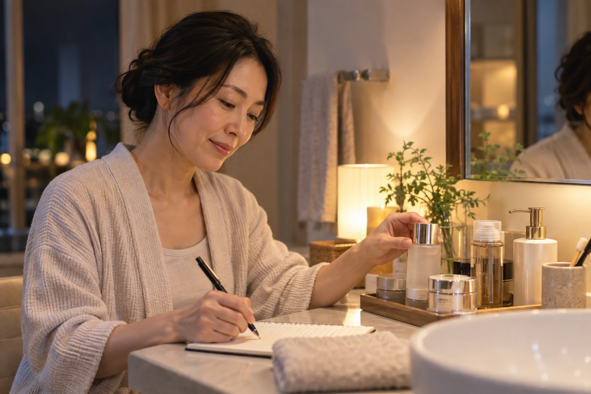 夜の洗面台で肌悩みをノートに書く日本人女性
