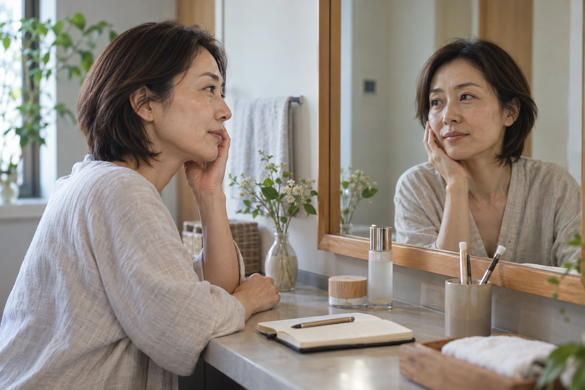夜の洗面台で肌悩みをノートに書く日本人女性