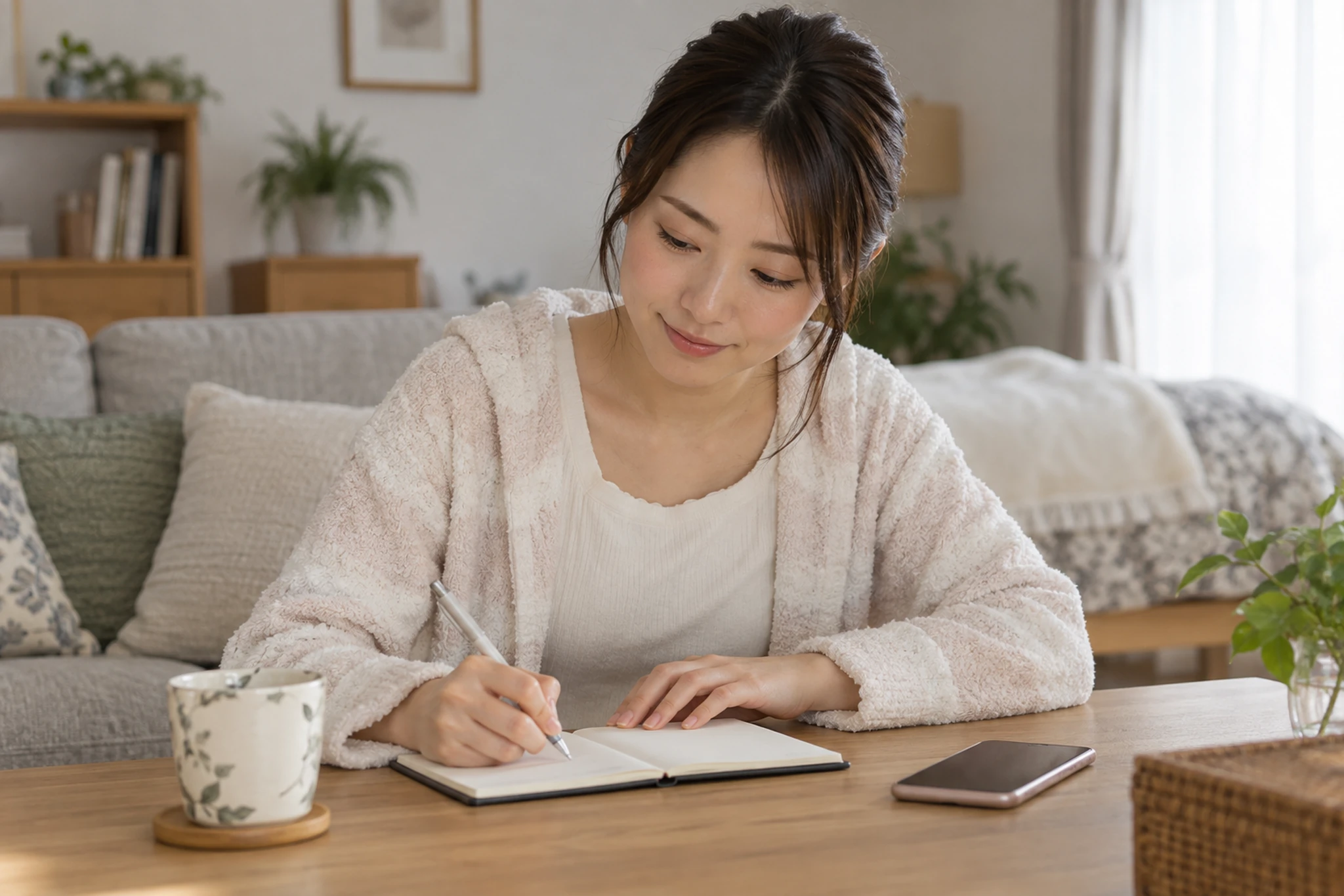 肌の状態と睡眠や外出時間を記録する女性