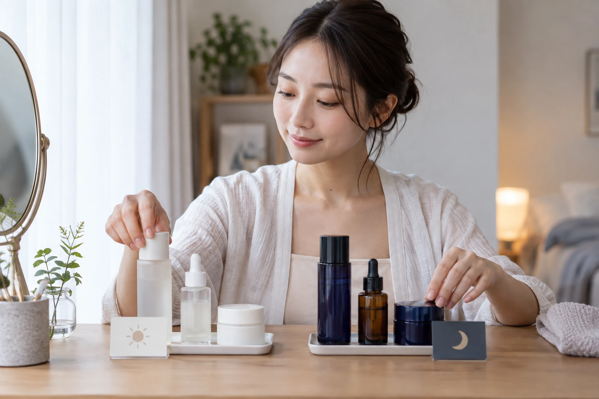 朝と夜のスキンケア用品を分けて並べる女性