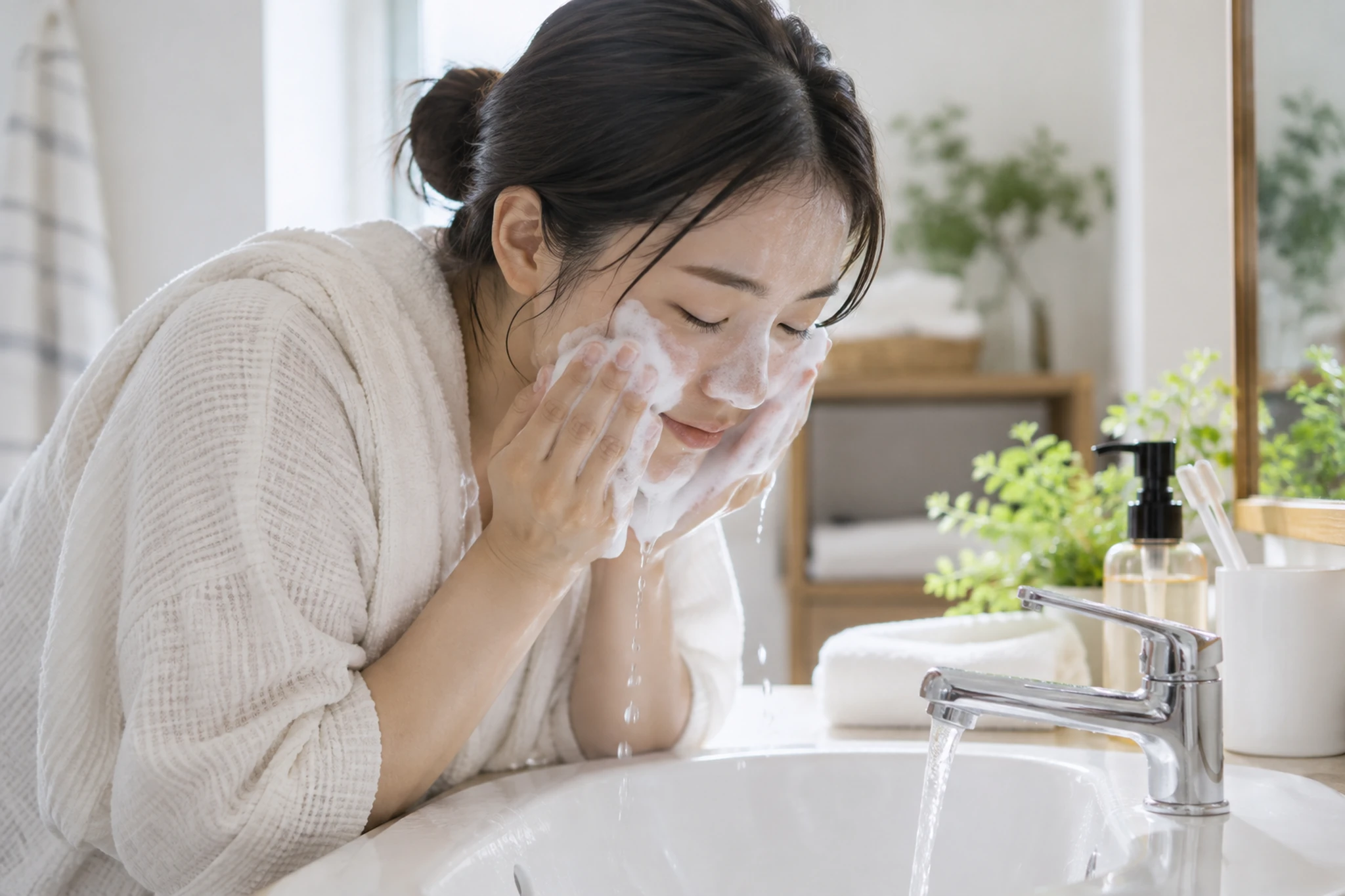 泡とぬるま湯で肌をこすらず洗う女性
