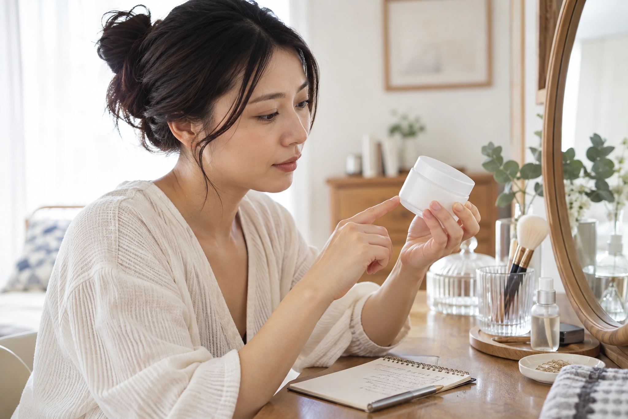 保湿剤の表示と使う量を確認する女性